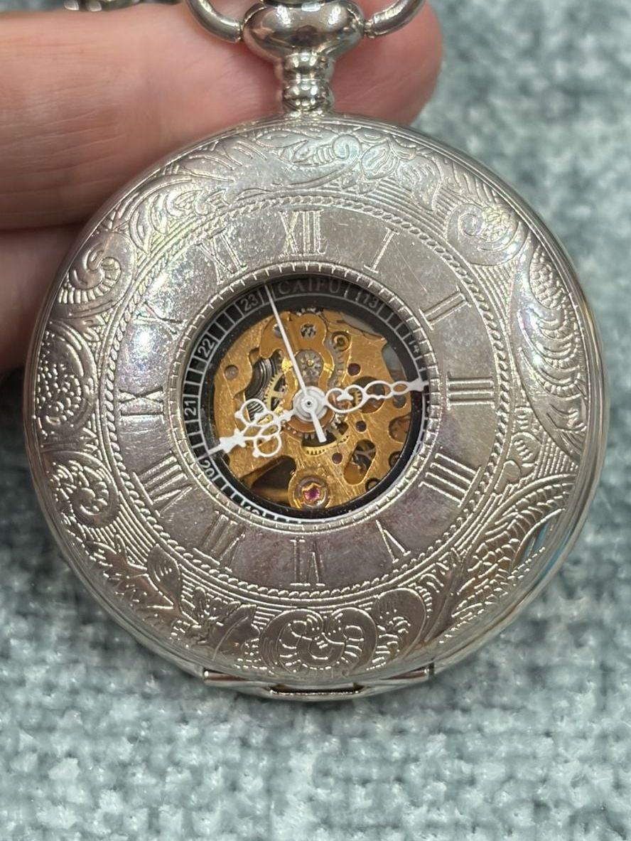 CAIFU Mechanical Skeleton Pocket Watch Silver Roman Numerals 5