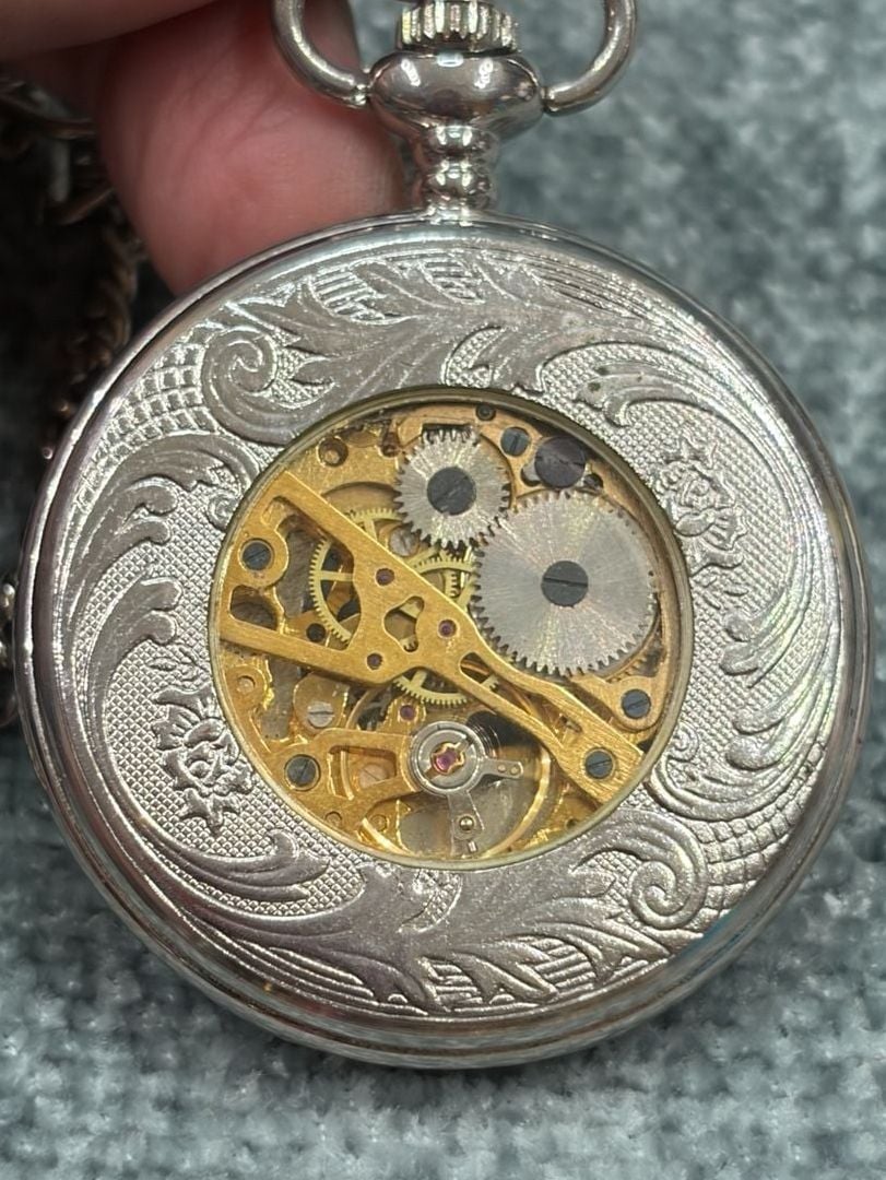 CAIFU Mechanical Skeleton Pocket Watch Silver Roman Numerals 6