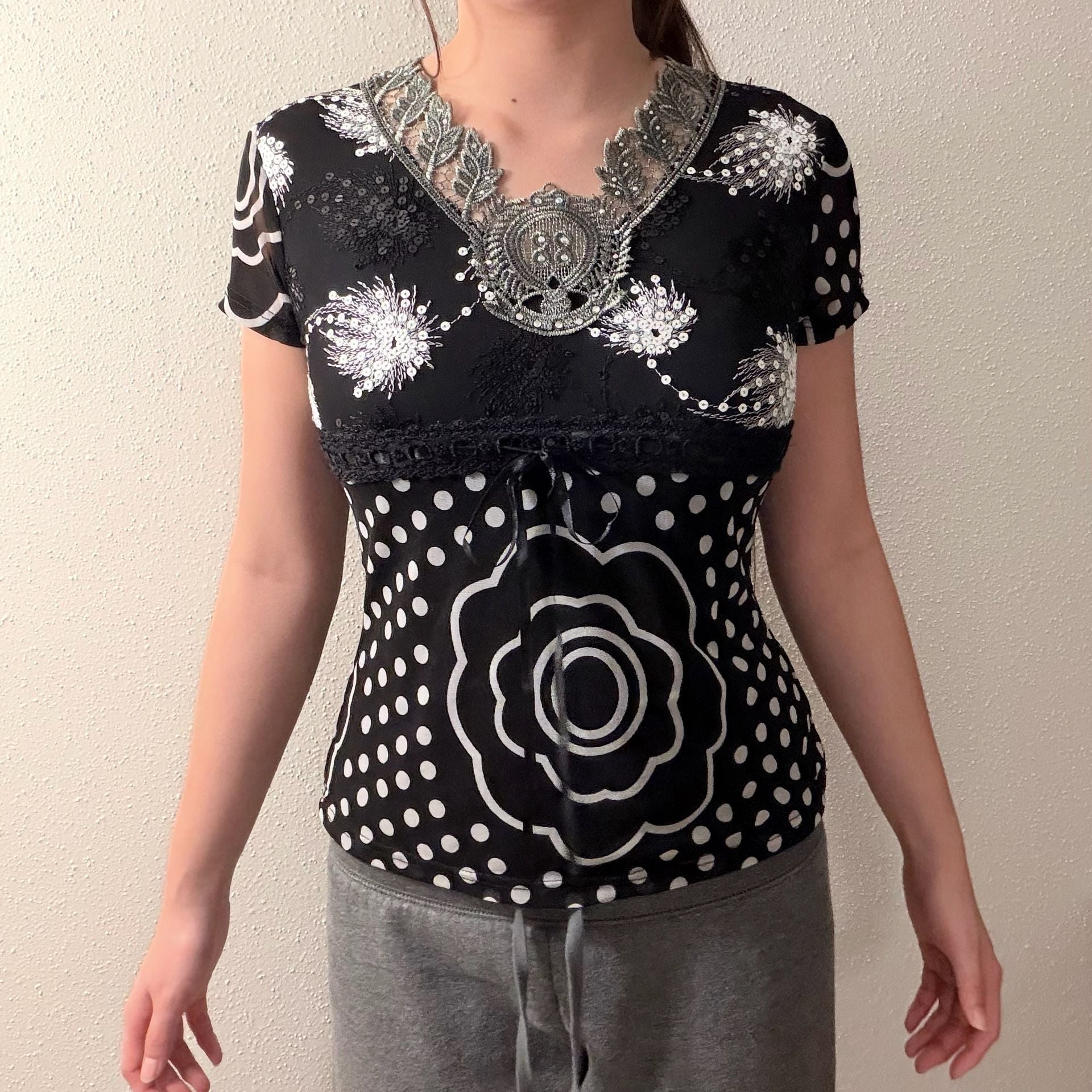 Black and White Y2K Embellished Dot Floral Blouse 5