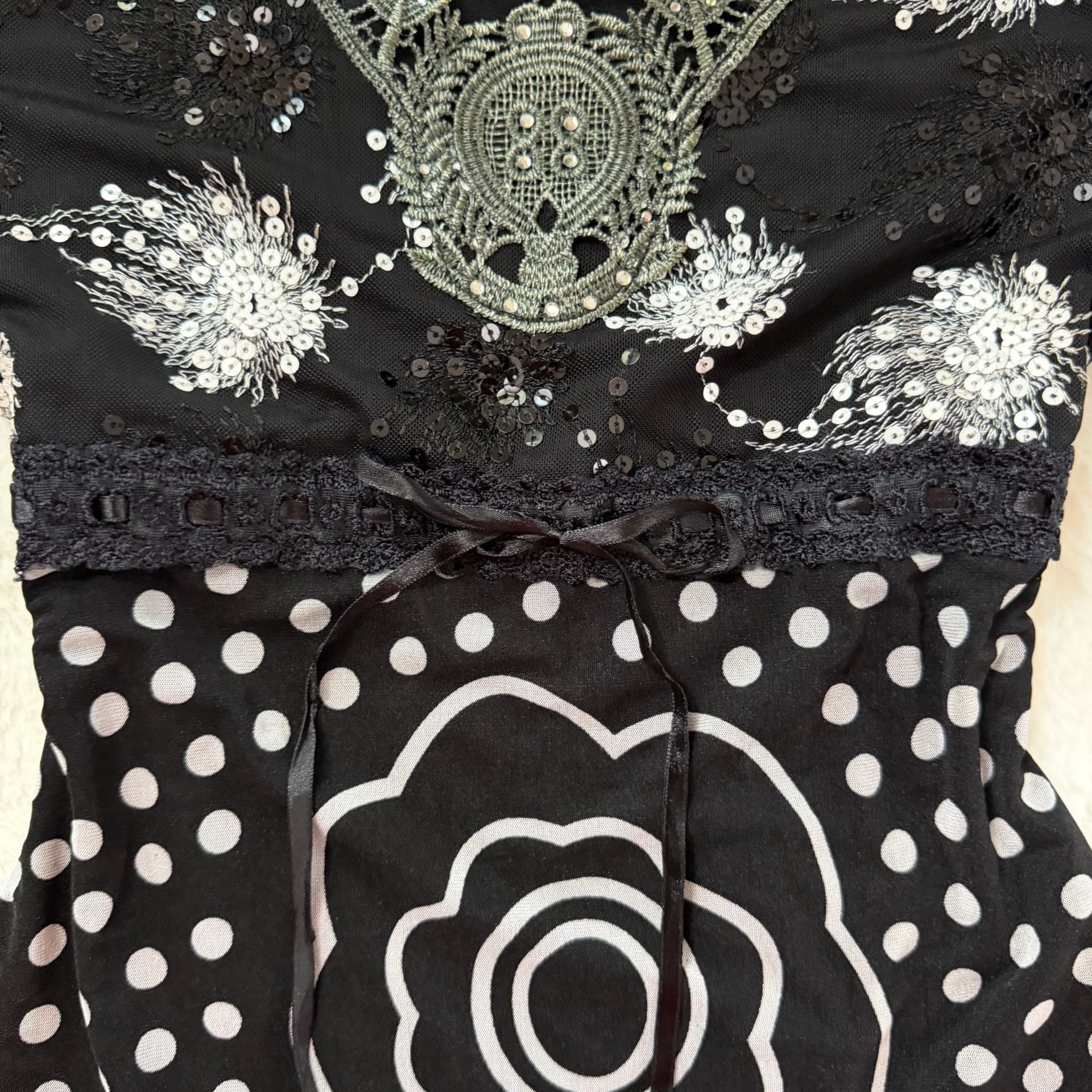 Black and White Y2K Embellished Dot Floral Blouse 7
