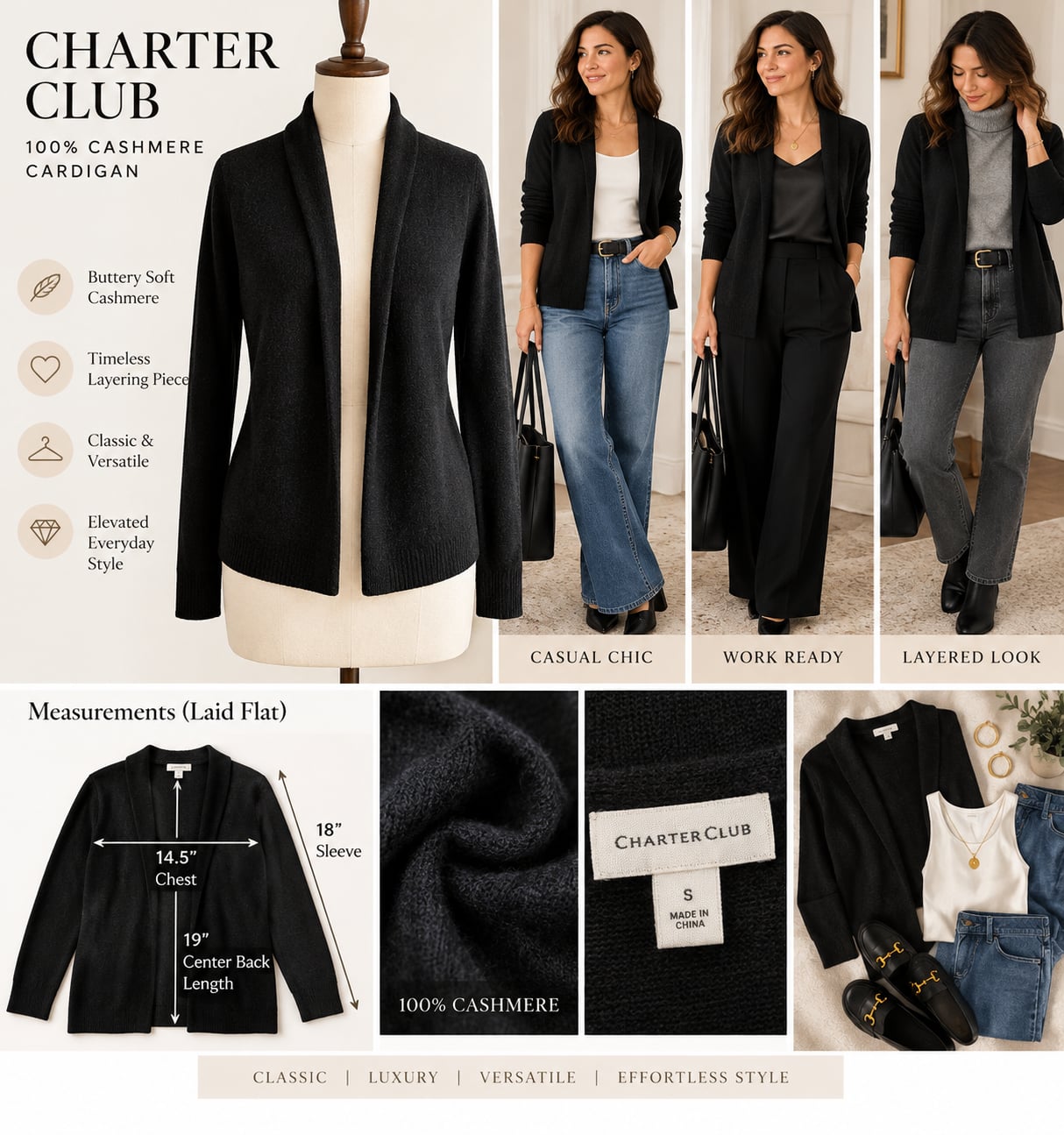 Charter Club Cashmere Sweater Size Petite S Black 100% Cashmere Open Front 2