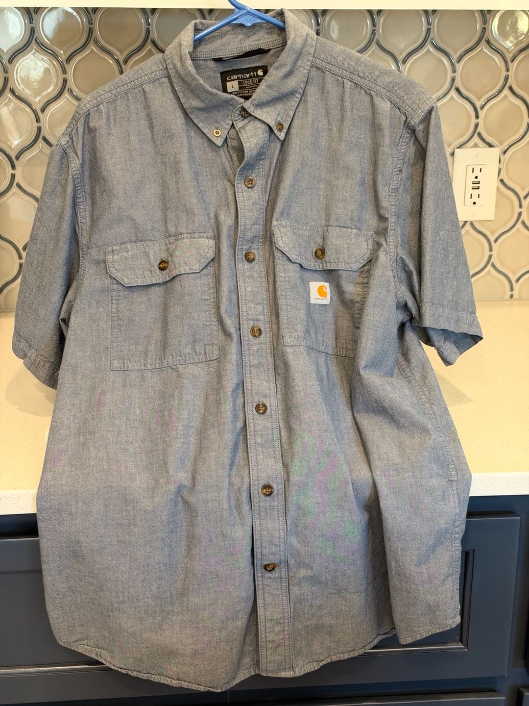 Carhartt Short Sleeve Work Shirt Size L Blue Loose Fit Button Down 2