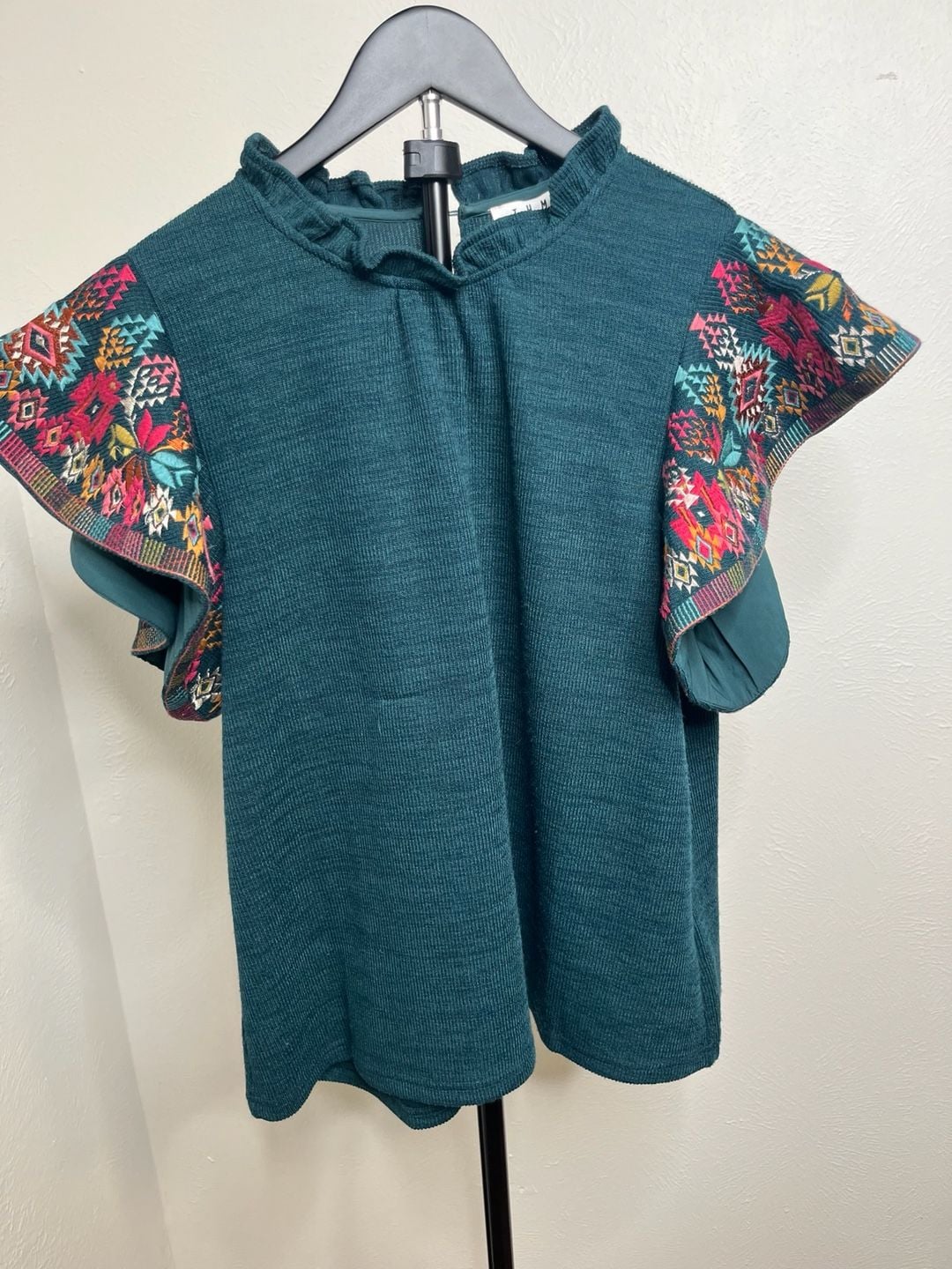 Teal Embroidered Boho Blouse Ruffle Neck and Sleeves 2