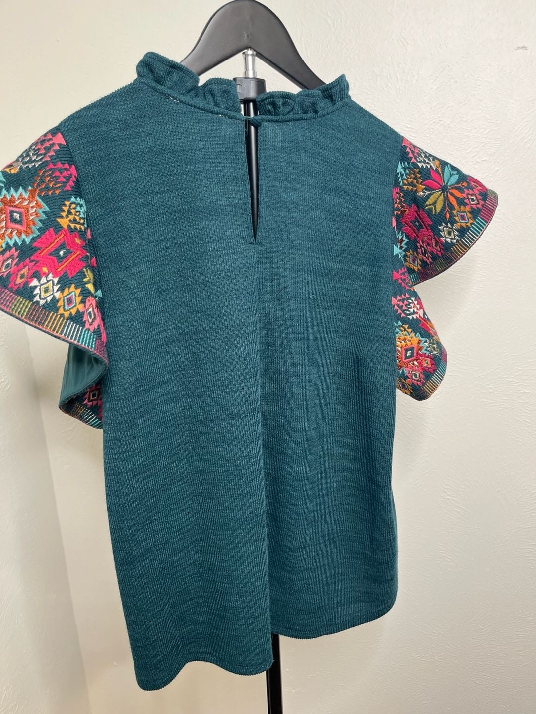 Teal Embroidered Boho Blouse Ruffle Neck and Sleeves 3