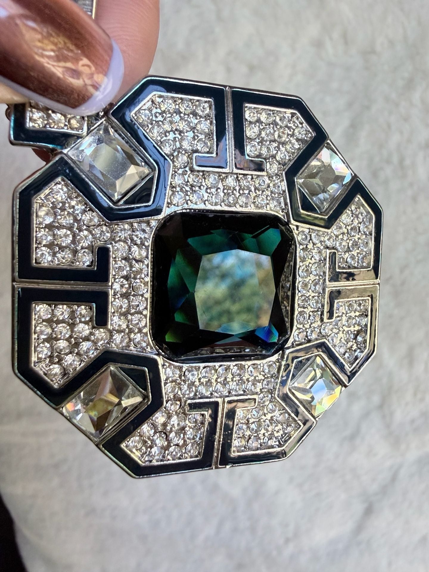 Vintage Art Deco Style Rhinestone And Dark Green Glass Pendant Necklace 3