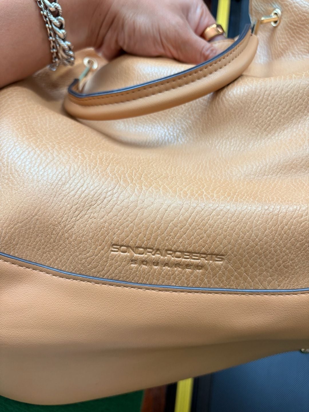 Sondra Roberts Squared Tan Pebbled Leather Tote Bag 6