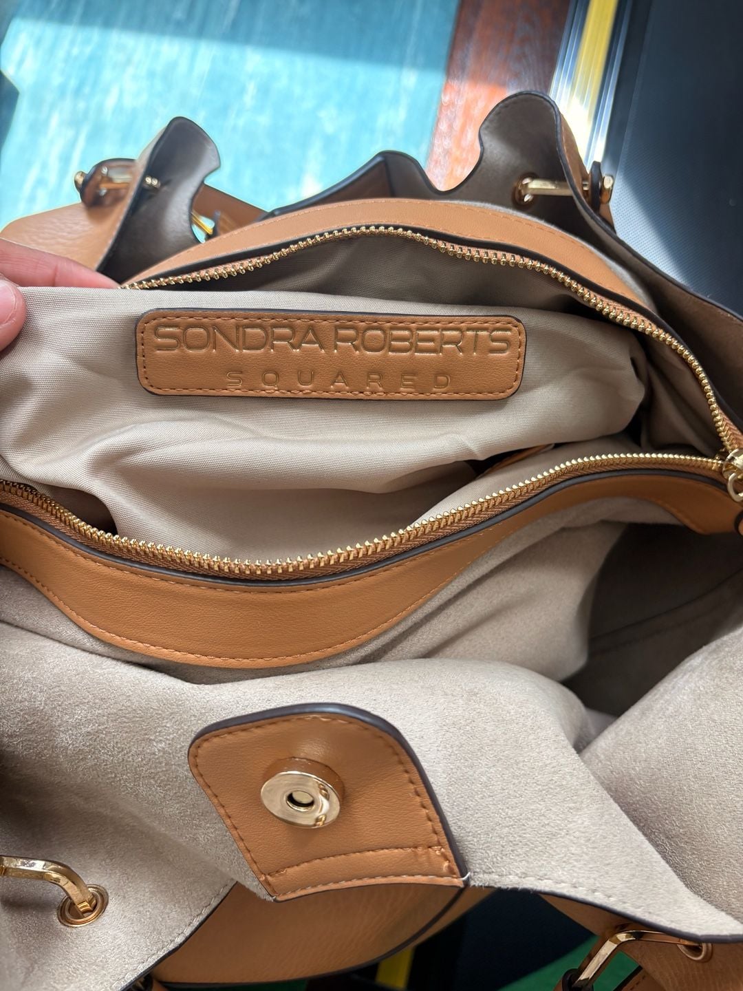 Sondra Roberts Squared Tan Pebbled Leather Tote Bag 9