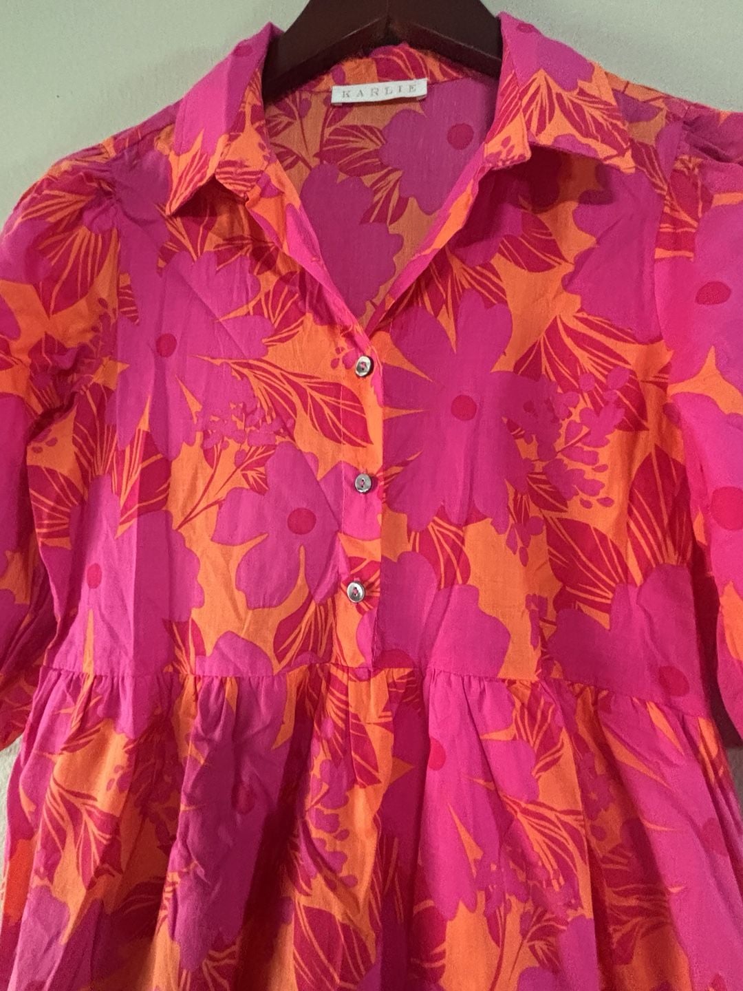 Karlie Floral Tiered Shirt Dress Pink Orange Sz M 6