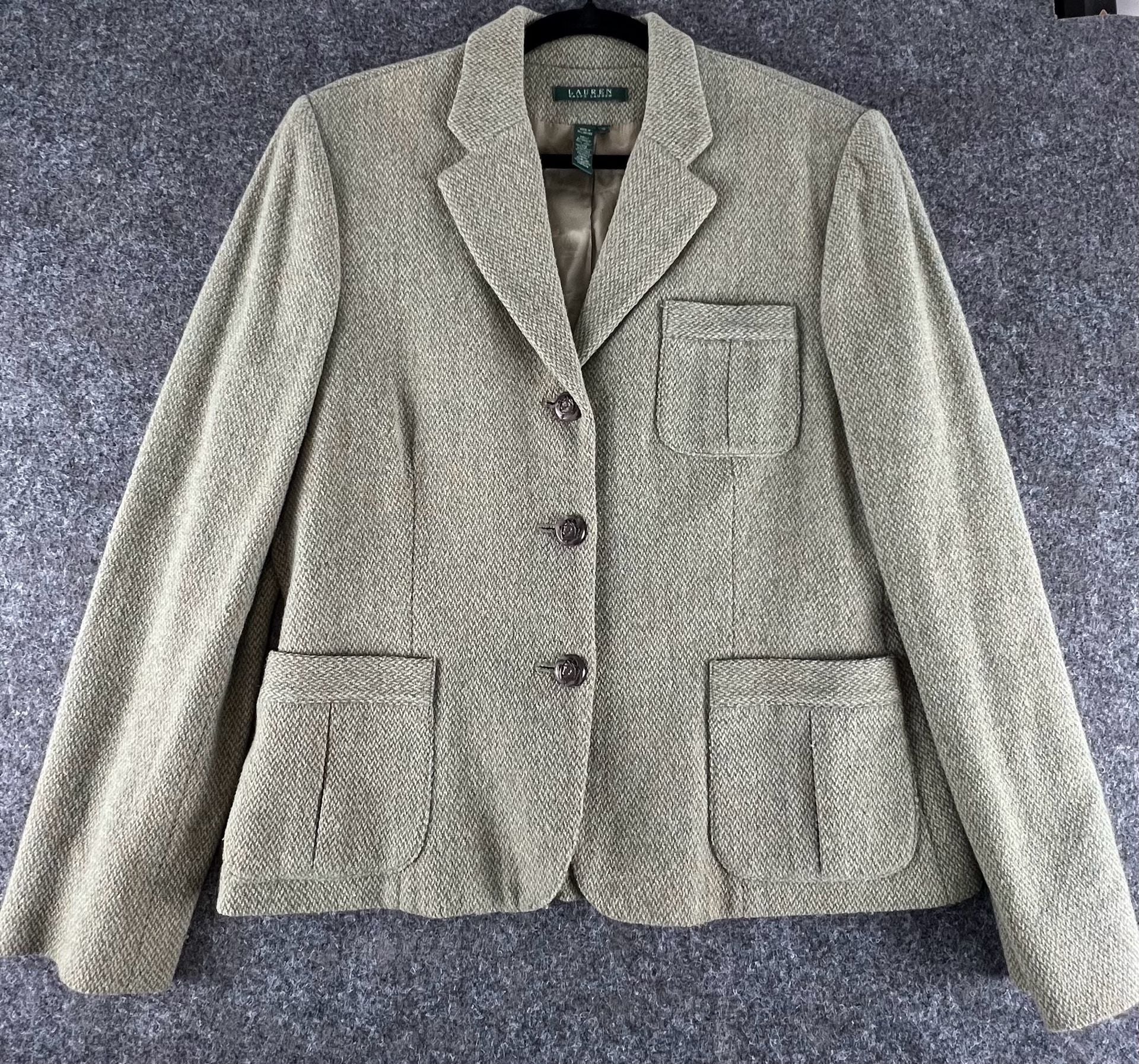 Lauren Ralph Lauren Tweed Blazer Size 12 Green Wool Blend Equestrian 2