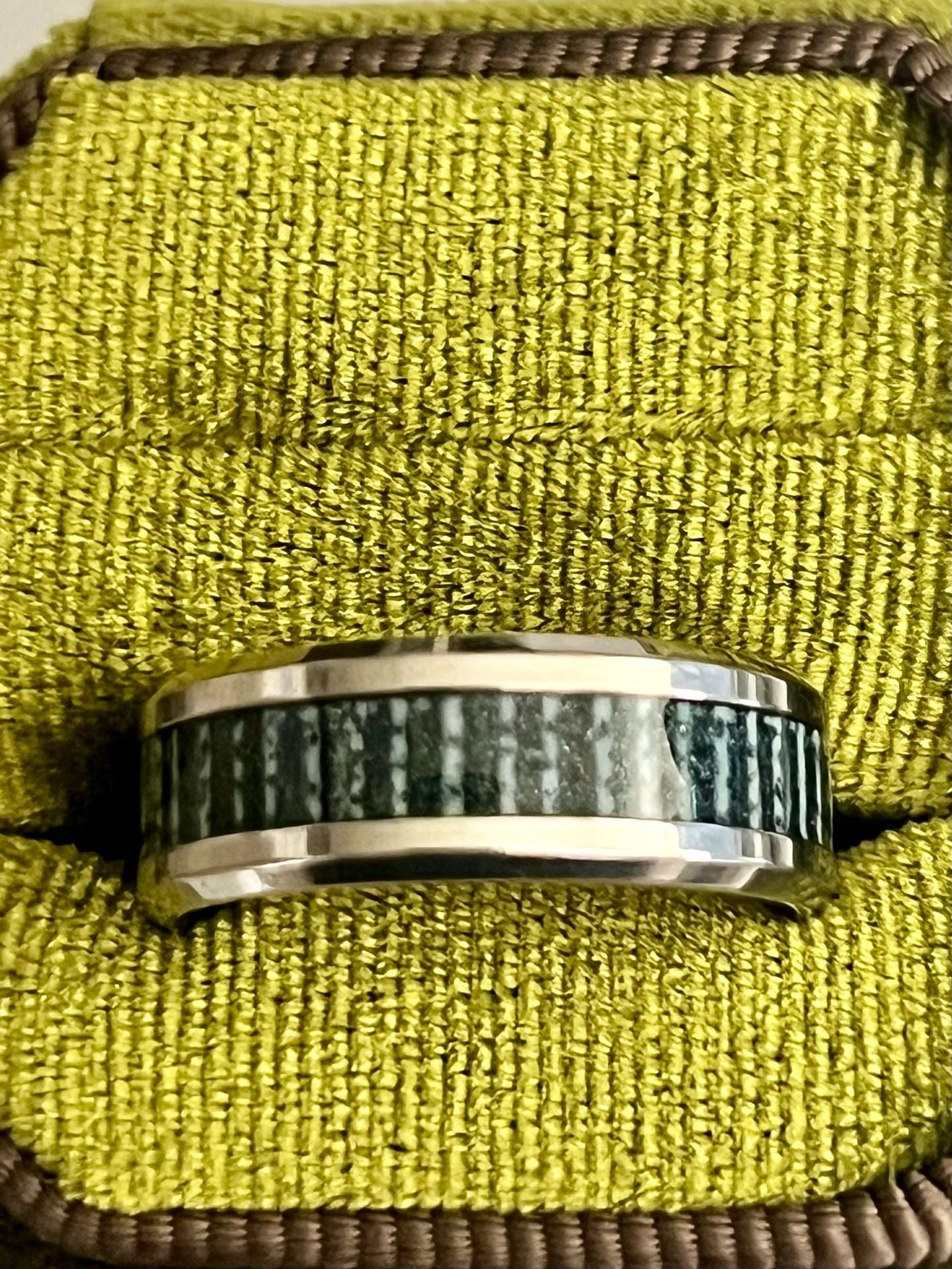 Tungsten Titanium Ring with Green Antler Inlay Polished Finish 8mm Band Size 11 4