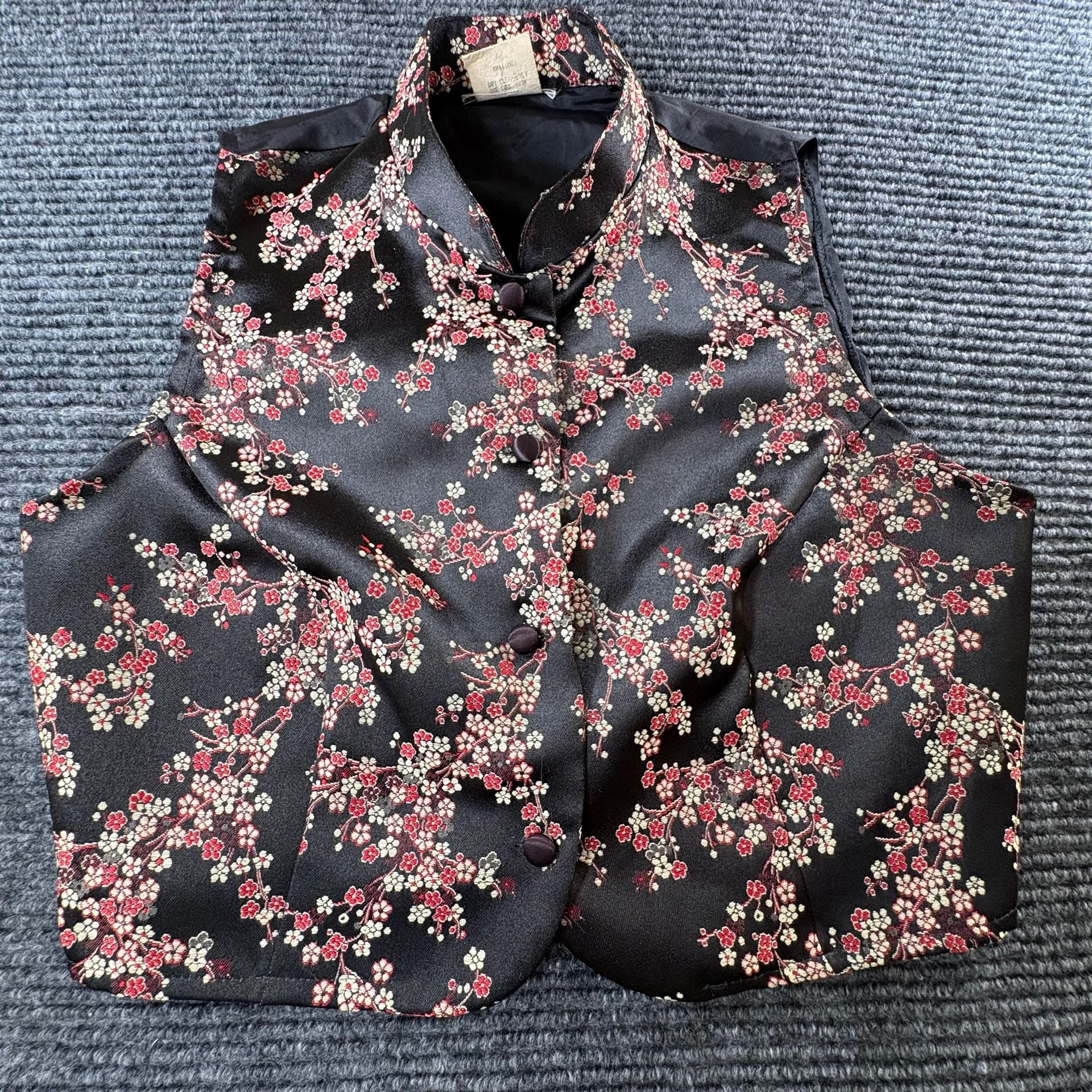 Vintage Floral Silk Mandarin Collar Vest Black Red Size M 2