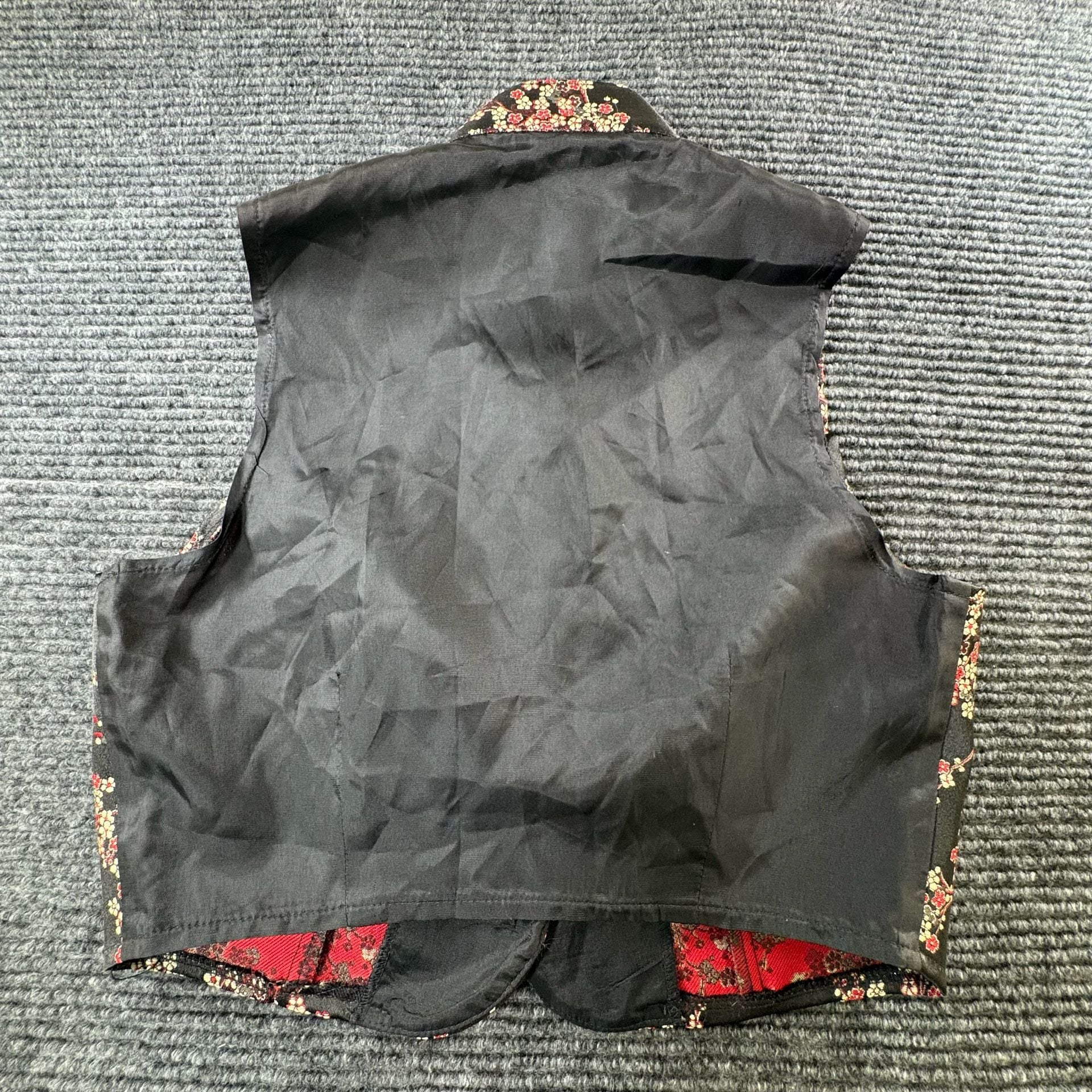 Vintage Floral Silk Mandarin Collar Vest Black Red Size M 5