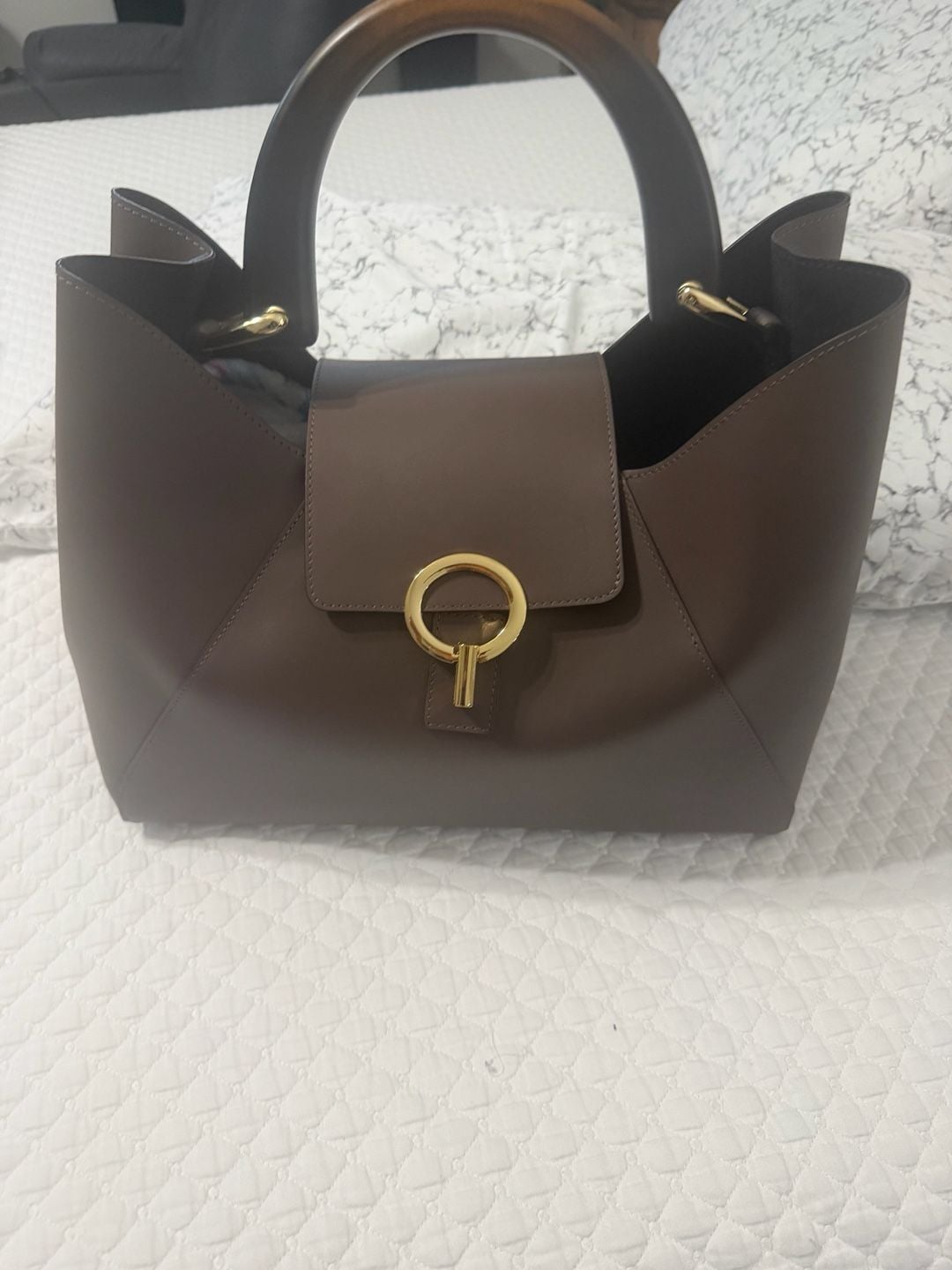 Claudia Firenze Leather Satchel Bag Brown Wooden Top Handle 2