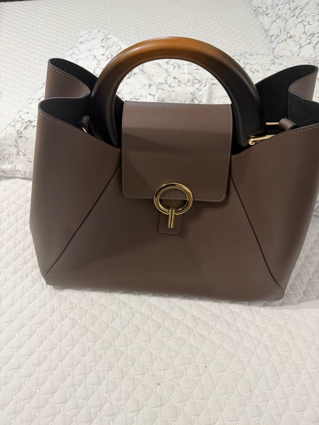 Claudia Firenze Leather Satchel Bag Brown Wooden Top Handle 3