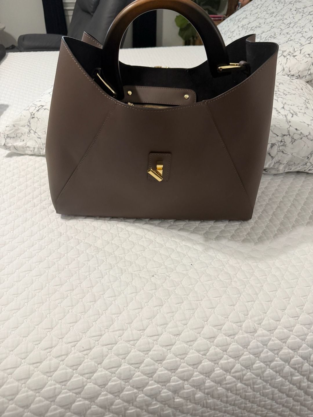 Claudia Firenze Leather Satchel Bag Brown Wooden Top Handle 4