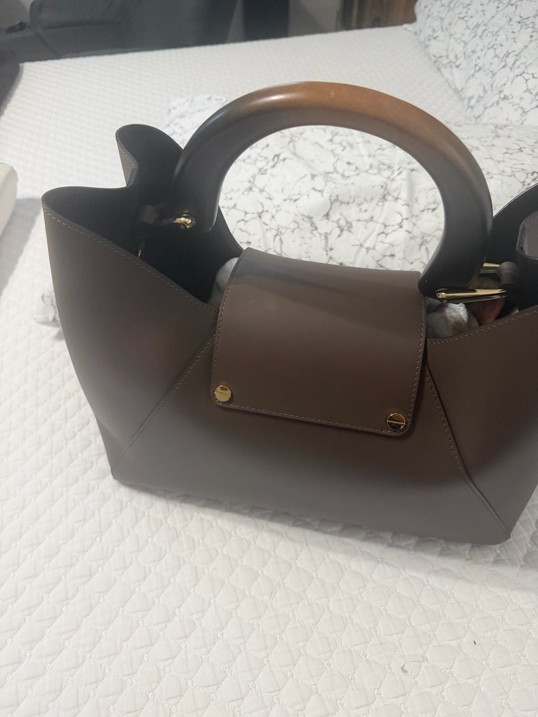 Claudia Firenze Leather Satchel Bag Brown Wooden Top Handle 6