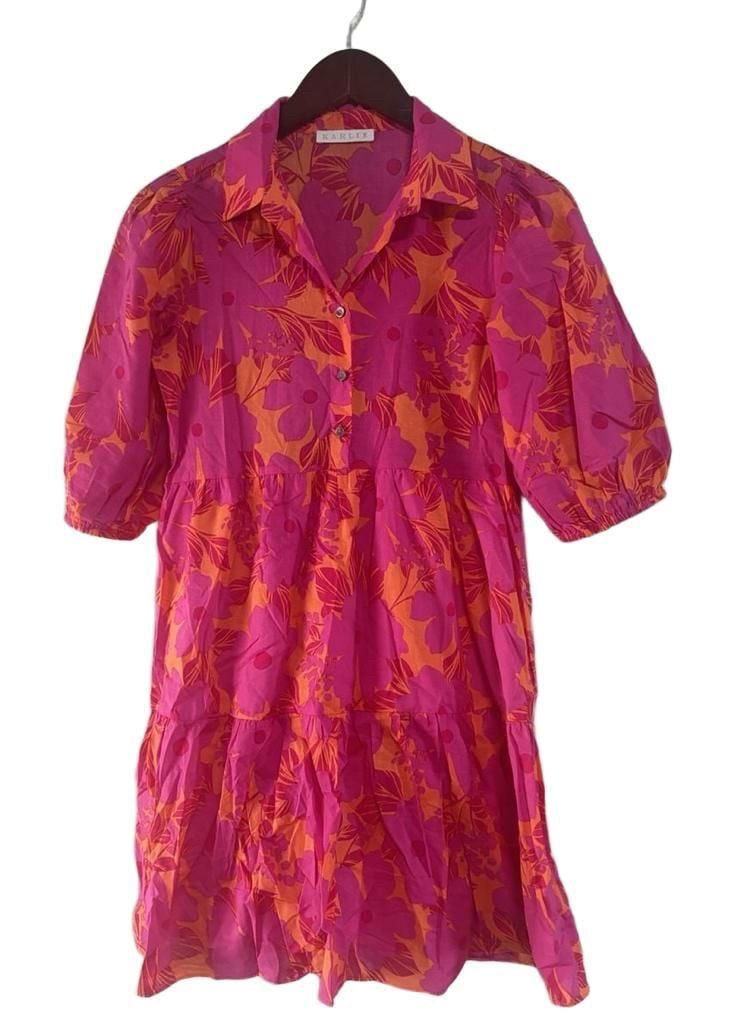 Karlie Floral Tiered Shirt Dress Pink Orange Sz M 3