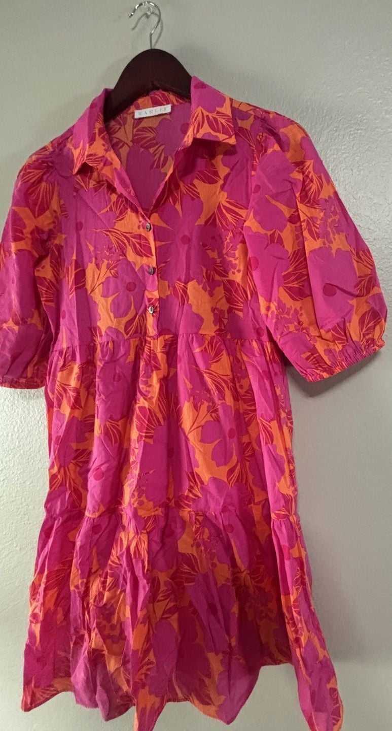 Karlie Floral Tiered Shirt Dress Pink Orange Sz M 5