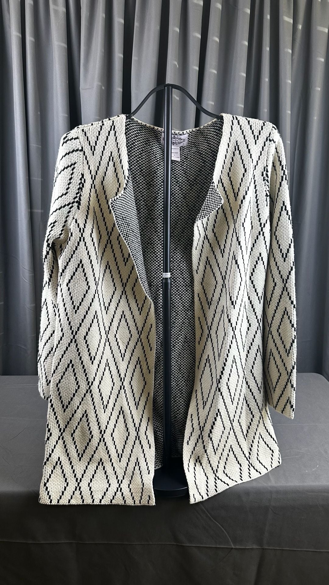 Oliver by Escio Cardigan Size L Black Ivory Diamond Open Front Knit 3