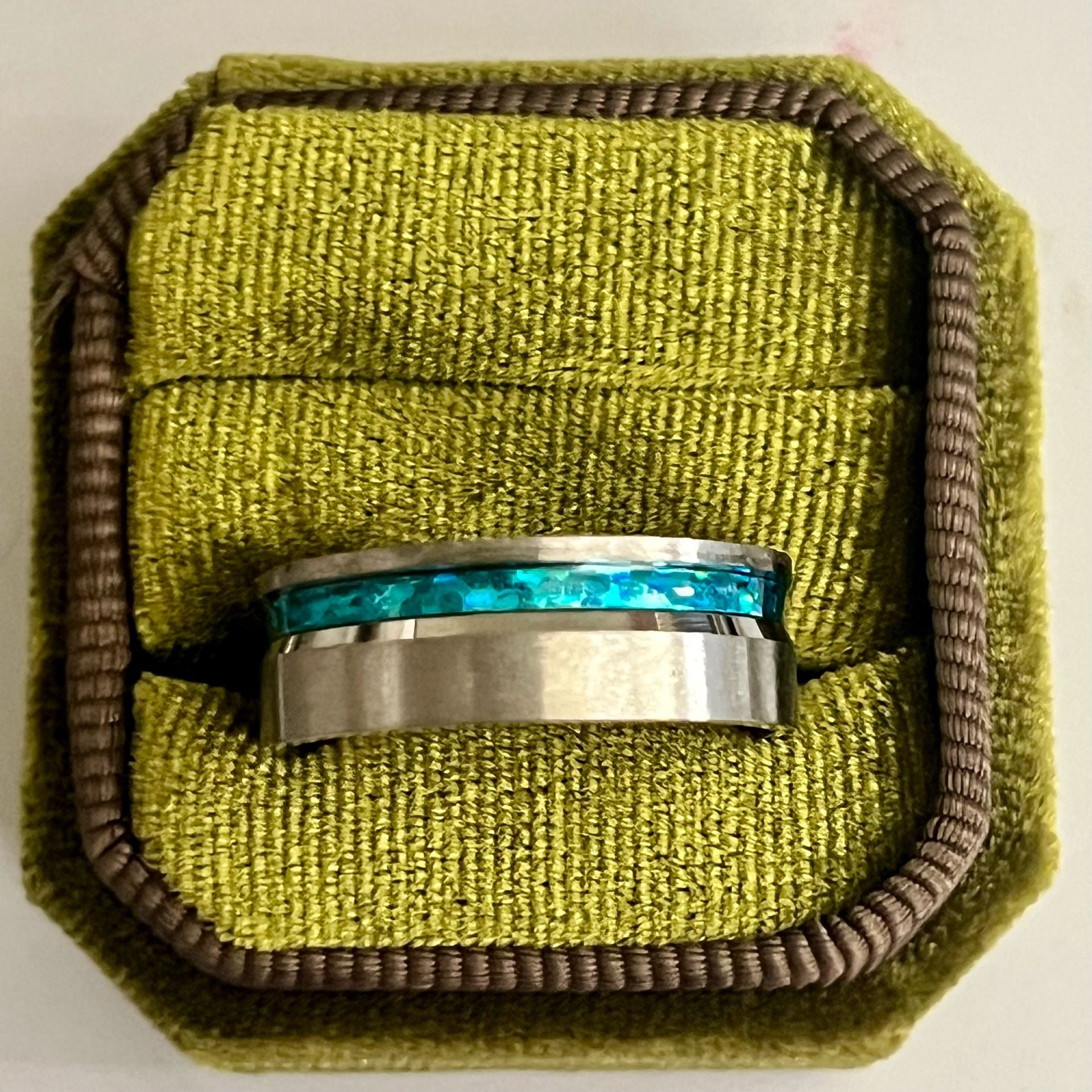 Tungsten Titanium Ring Blue Opal Inlay Beveled Edges 8mm Band Size 11 3