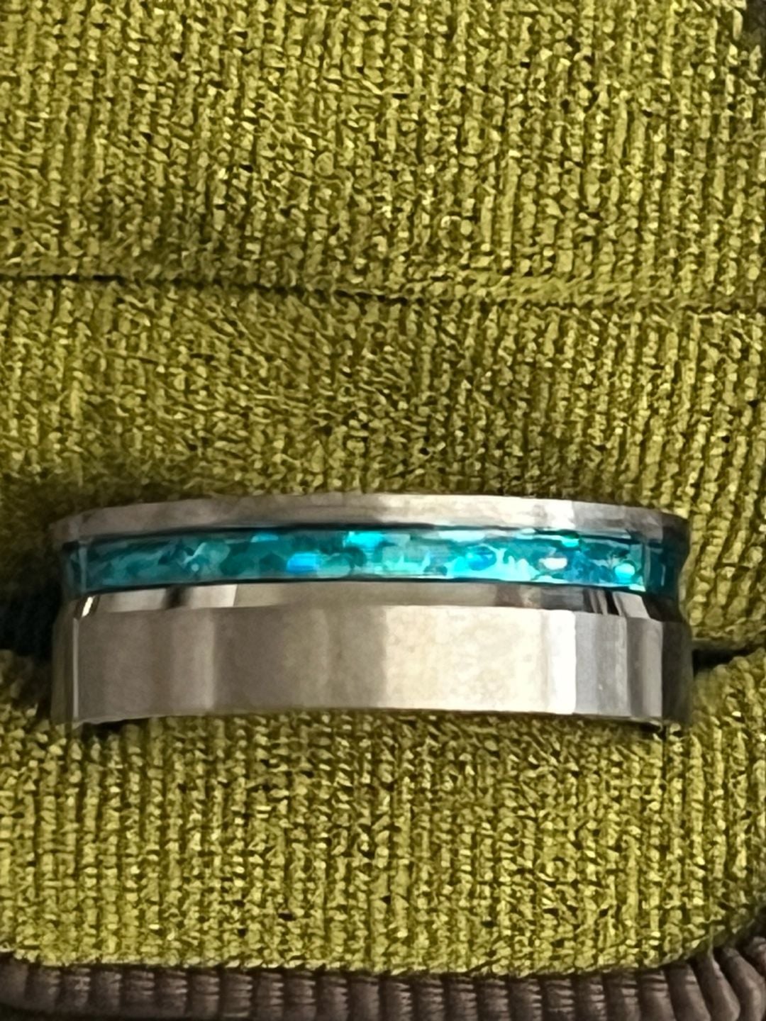 Tungsten Titanium Ring Blue Opal Inlay Beveled Edges 8mm Band Size 11 4