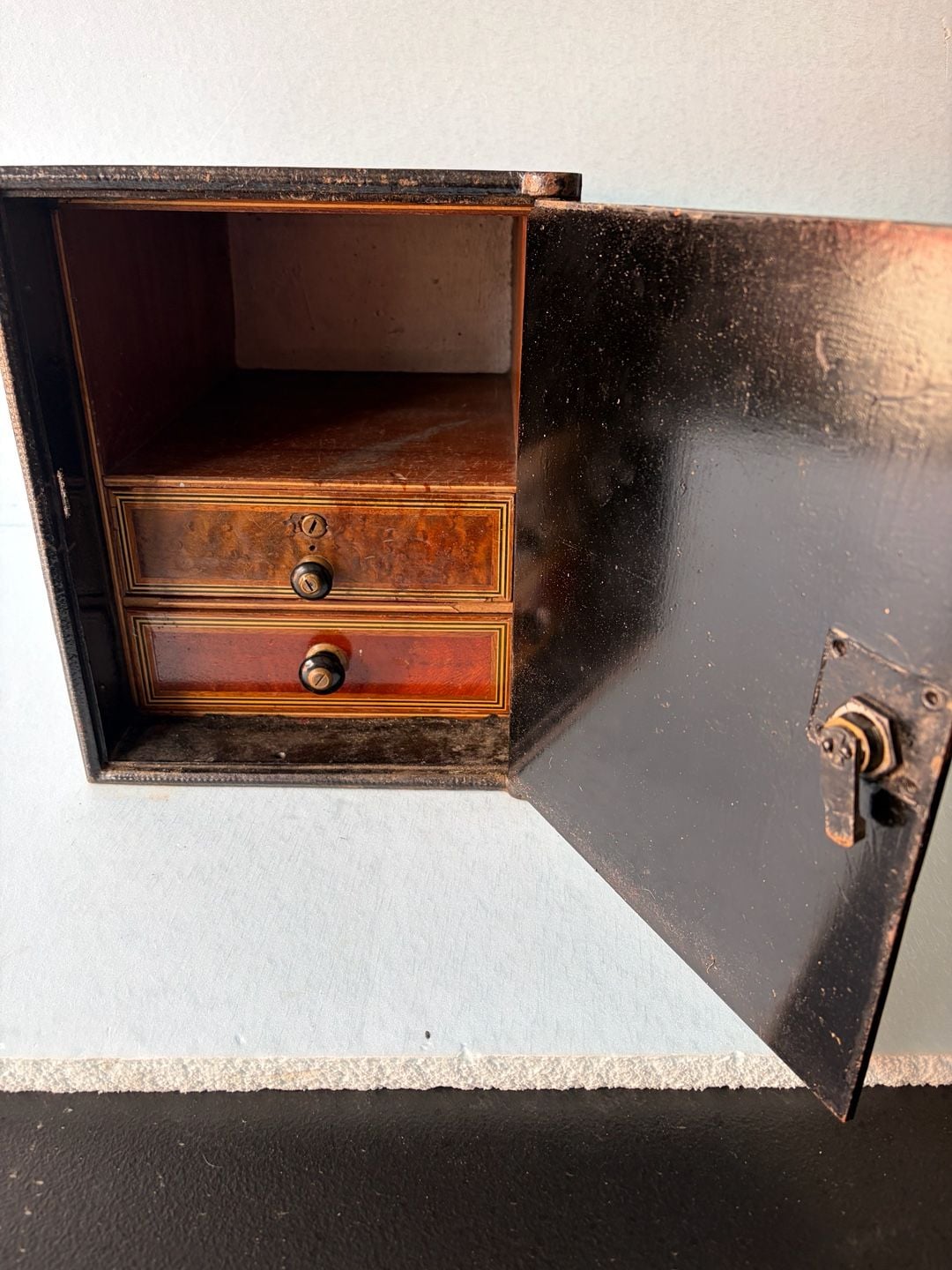 Antique Victorian Mini Iron Safe With two Wooden Drawers-one w/lock-no key-Heavy 1