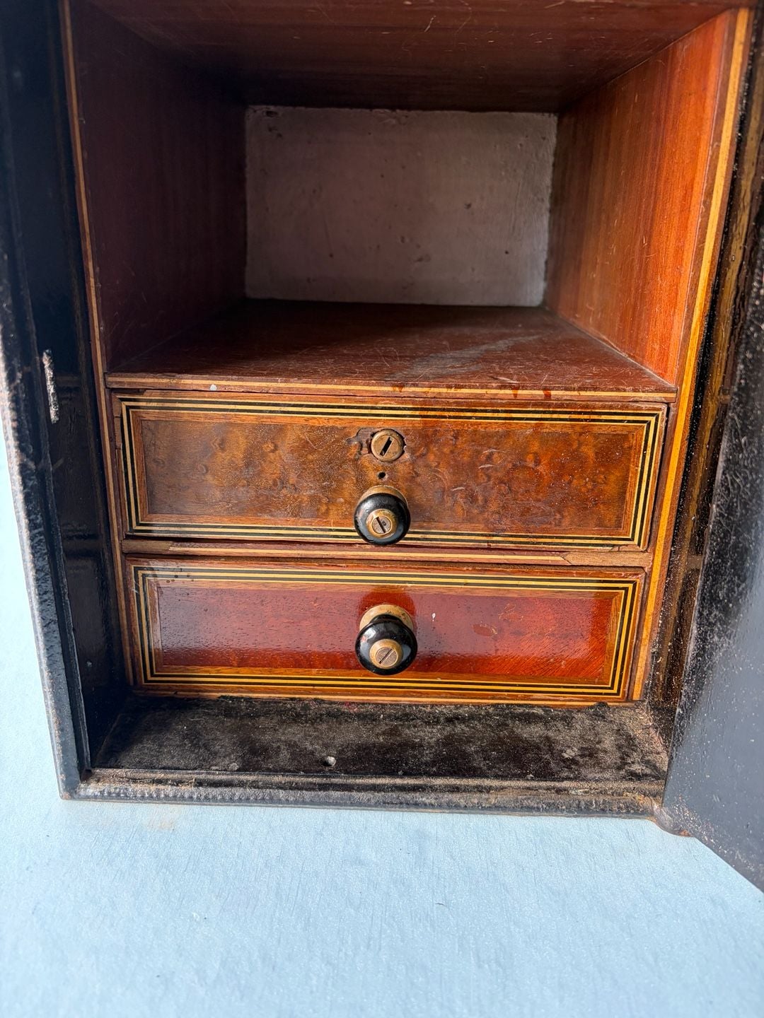 Antique Victorian Mini Iron Safe With two Wooden Drawers-one w/lock-no key-Heavy 2