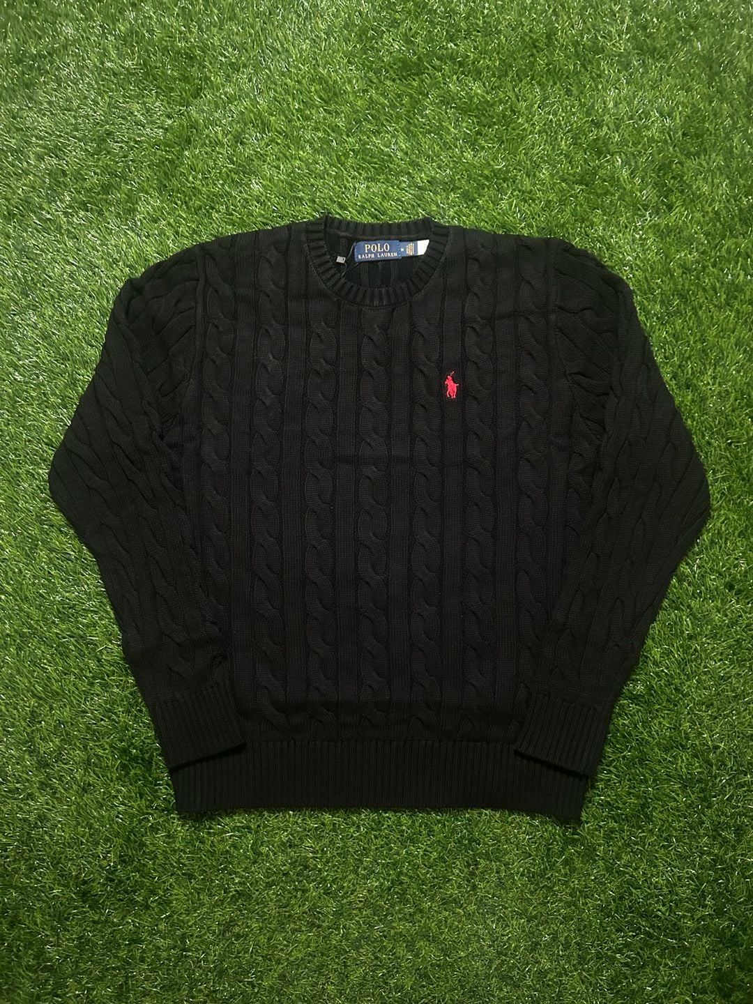 Polo Ralph Lauren Cable Knit Sweater Size M Black Red Pony 2