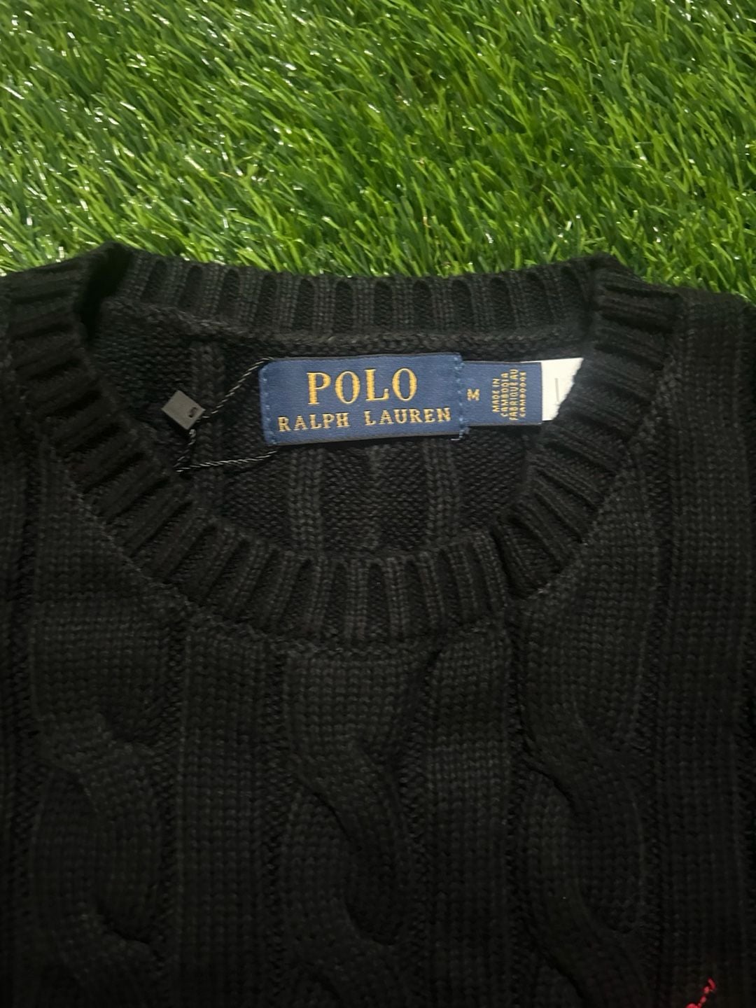 Polo Ralph Lauren Cable Knit Sweater Size M Black Red Pony 4
