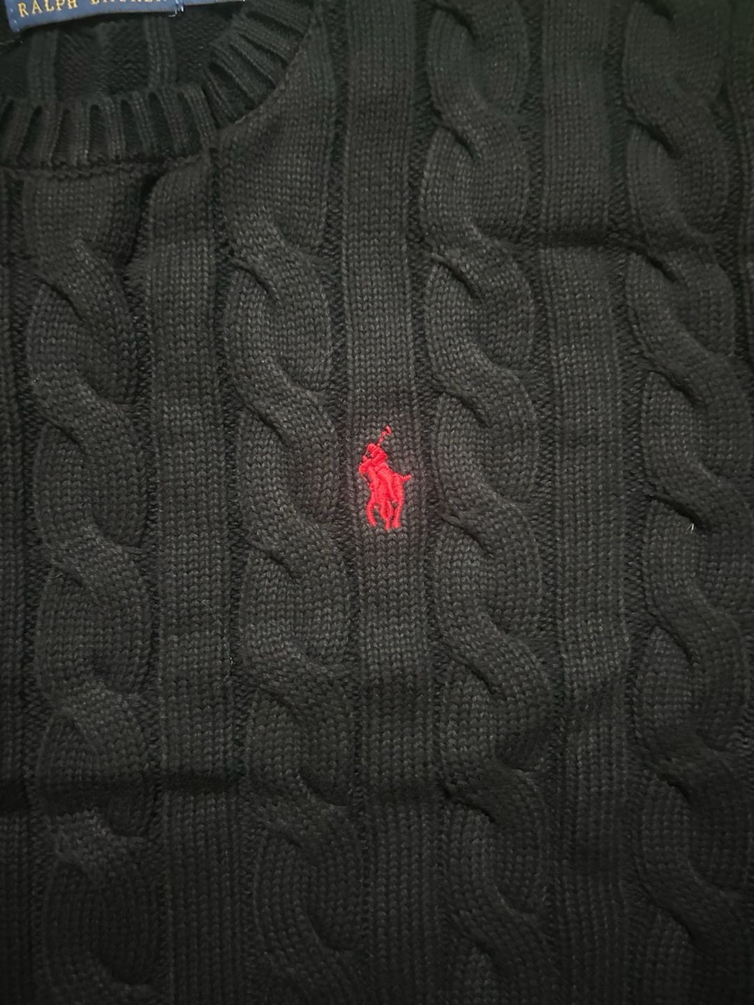 Polo Ralph Lauren Cable Knit Sweater Size M Black Red Pony 5