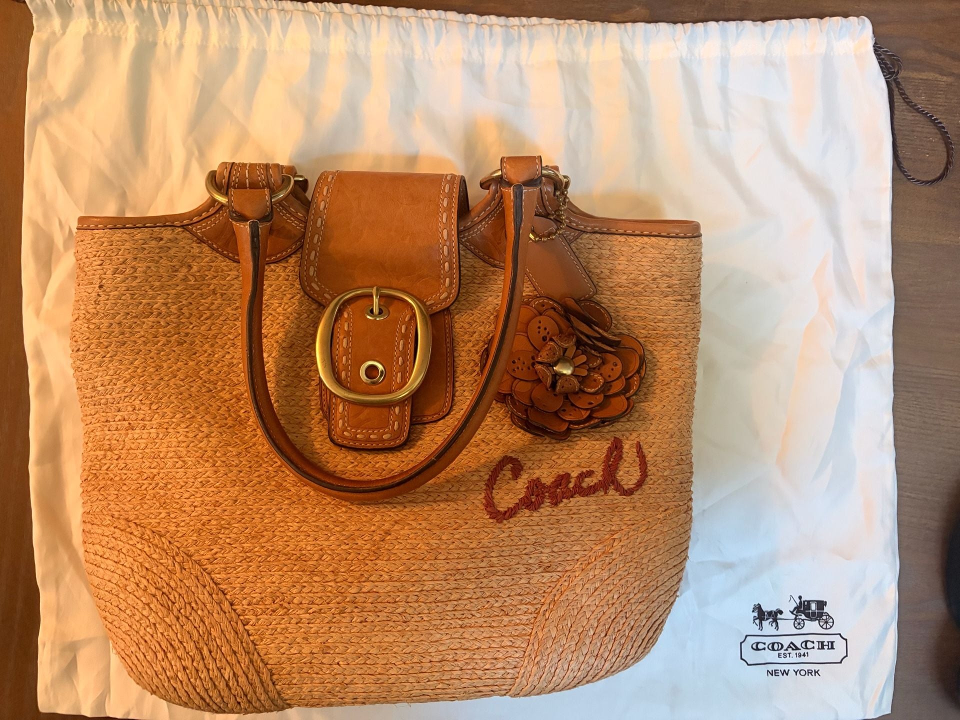 Coach Straw Leather Flower Tote Bag Tan 9