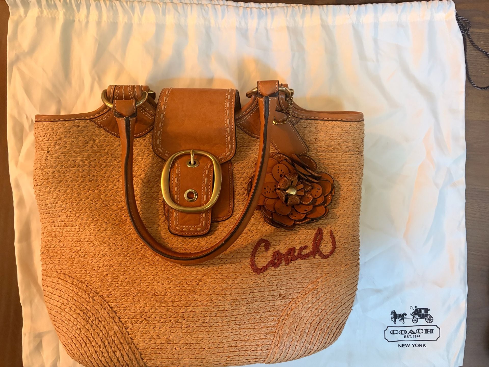 Coach Straw Leather Flower Tote Bag Tan 10