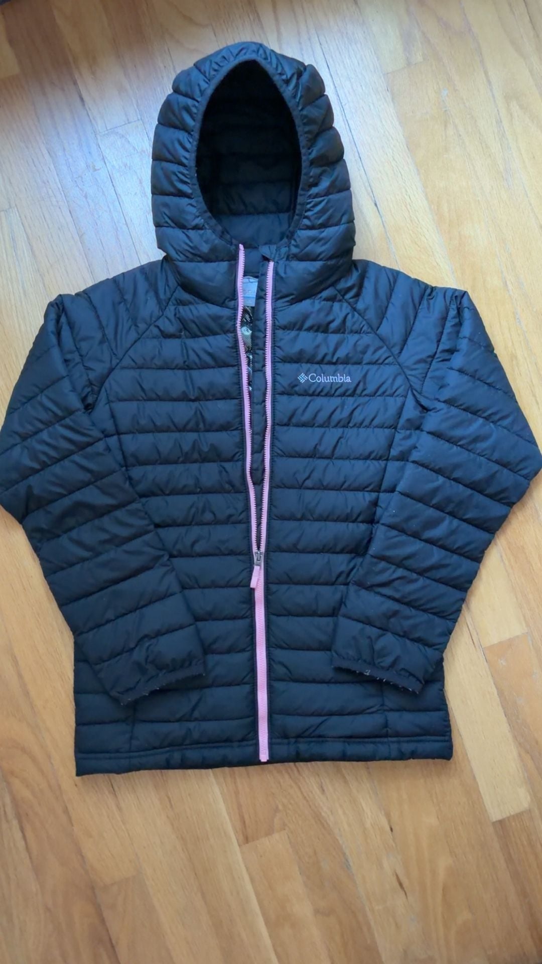 Columbia Powder Lite Hooded Jacket Size M 10/12 Black Pink Puffer 3