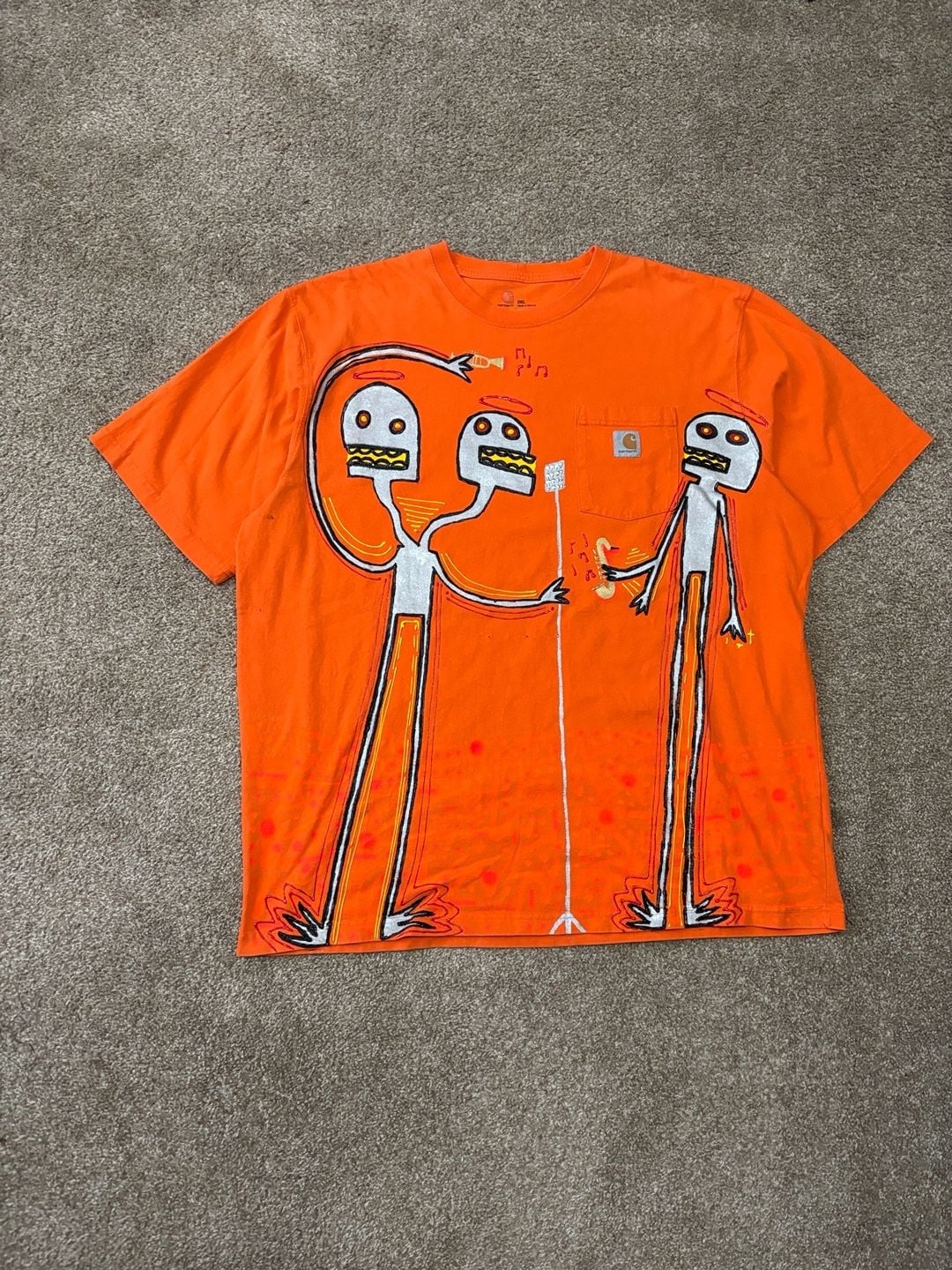Super Sick Custom Carhartt Custom Puffy Paint Graphic Pocket T-Shirt Size 2XL OrangeE 2