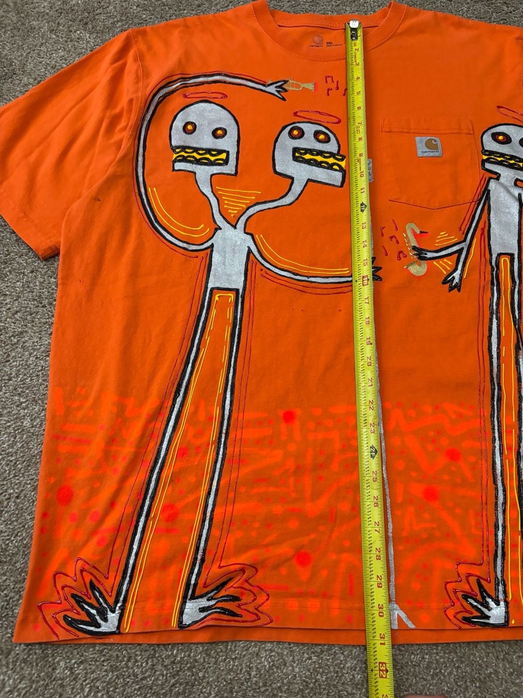 Super Sick Custom Carhartt Custom Puffy Paint Graphic Pocket T-Shirt Size 2XL OrangeE 3