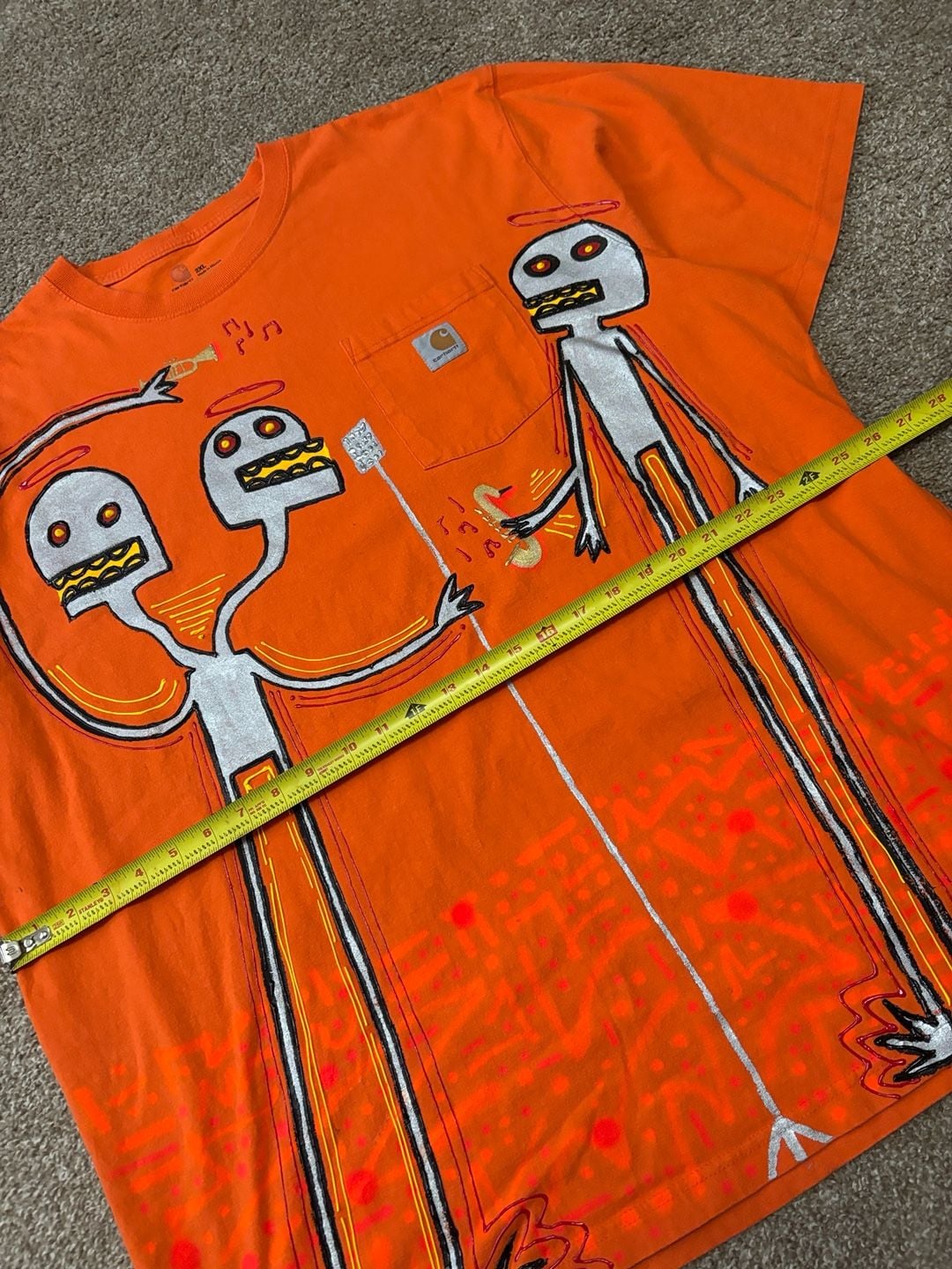 Super Sick Custom Carhartt Custom Puffy Paint Graphic Pocket T-Shirt Size 2XL OrangeE 4