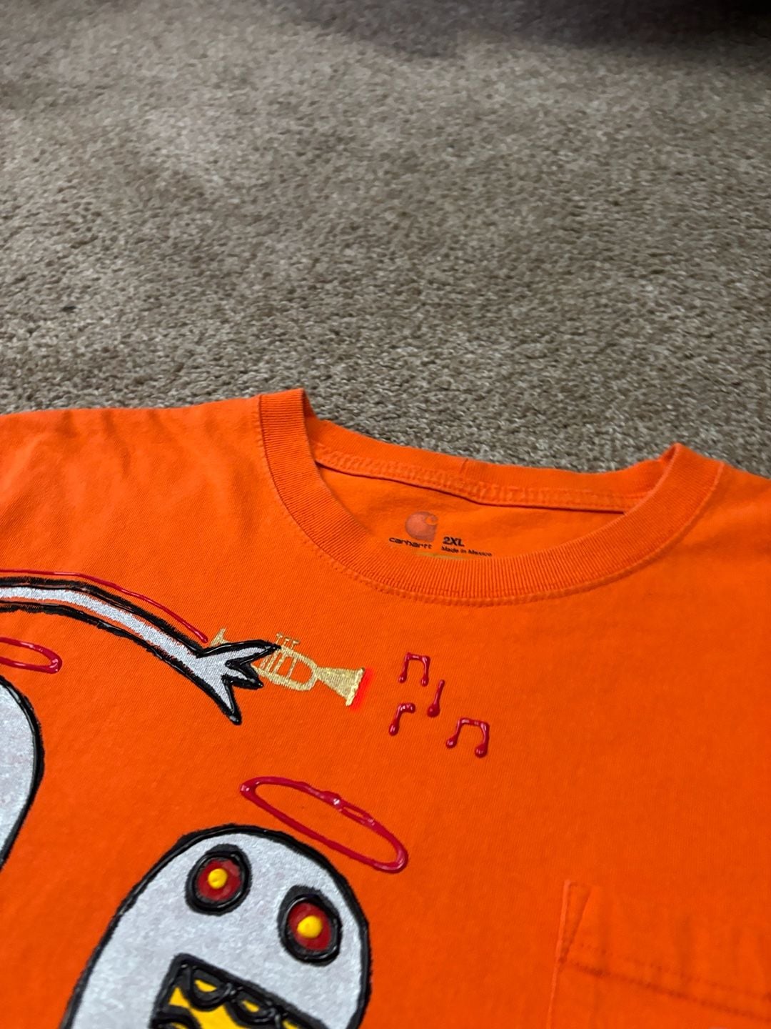 Super Sick Custom Carhartt Custom Puffy Paint Graphic Pocket T-Shirt Size 2XL OrangeE 6