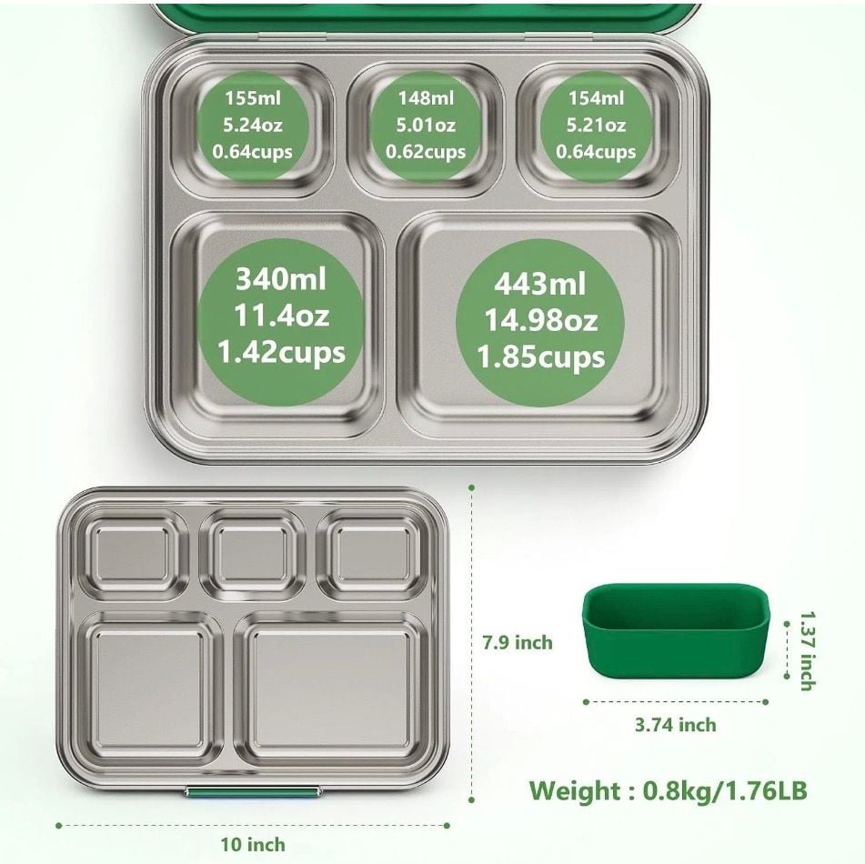 AOHEA Stainless Steel 5-Compartment Bento Lunch Box Green 1