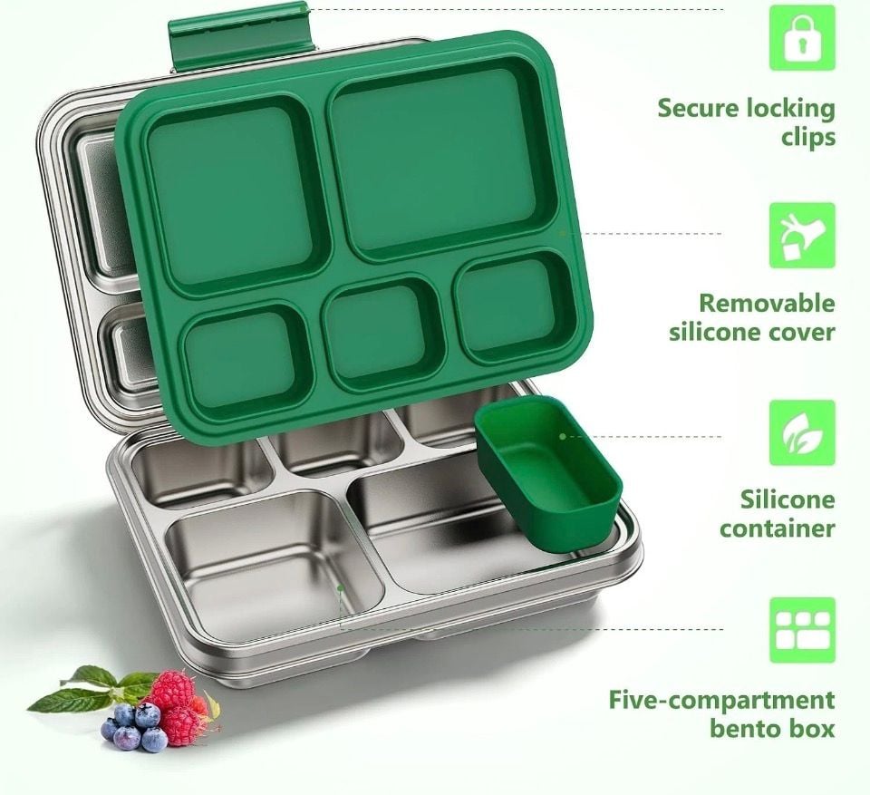 AOHEA Stainless Steel 5-Compartment Bento Lunch Box Green 3