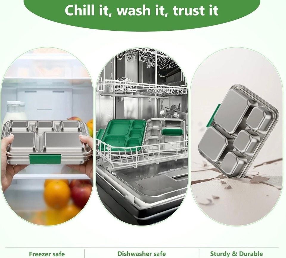 AOHEA Stainless Steel 5-Compartment Bento Lunch Box Green 4