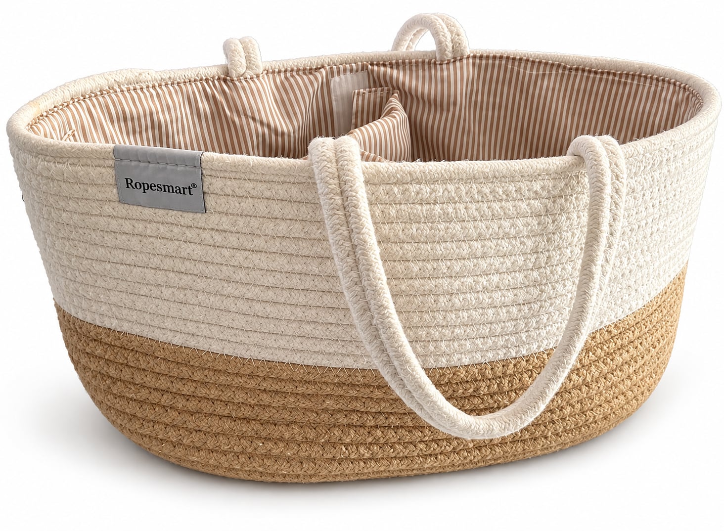 Ropesmart Cotton Rope Diaper Caddy Storage Basket Beige Brown Striped Lined 1