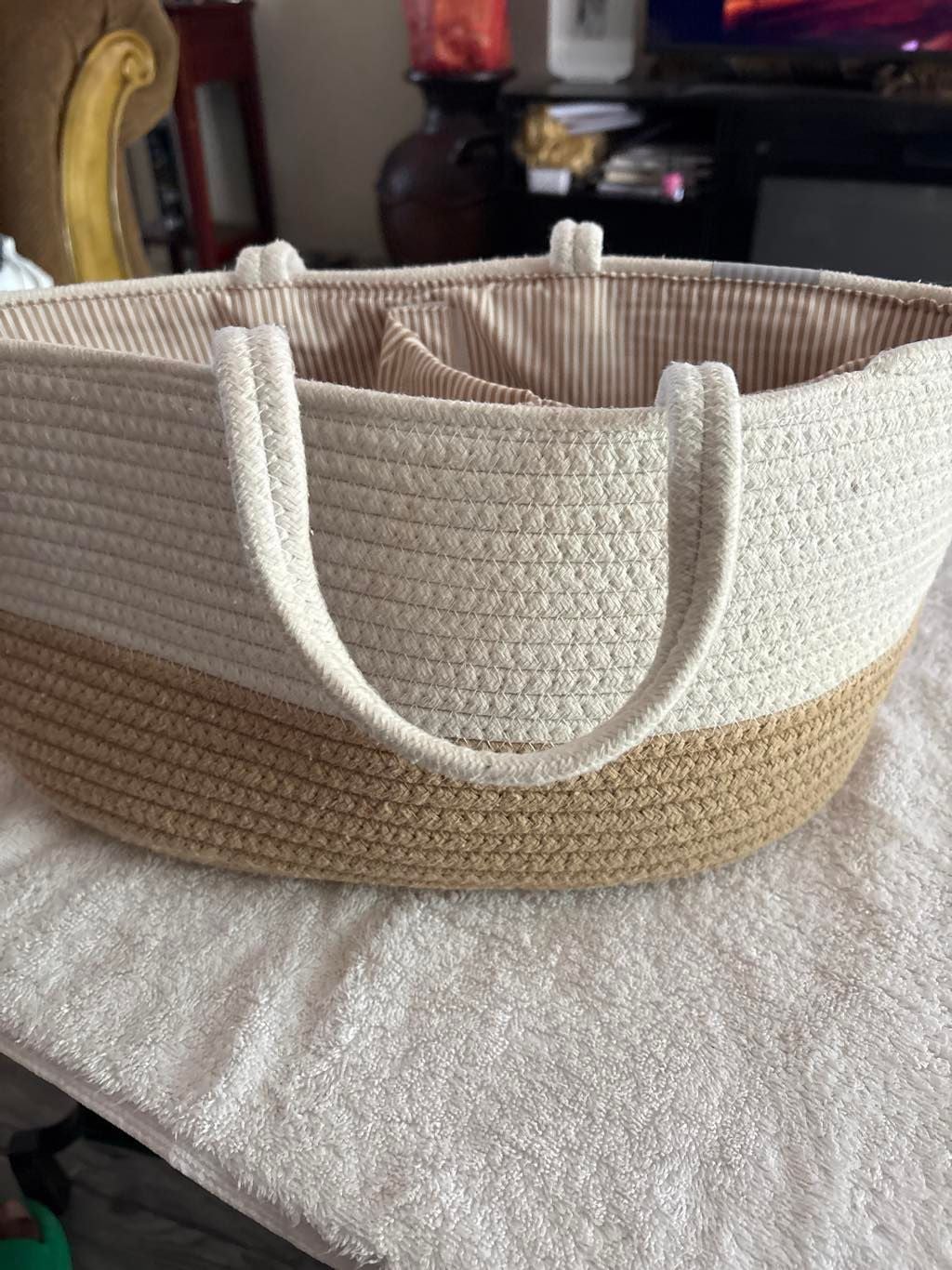 Ropesmart Cotton Rope Diaper Caddy Storage Basket Beige Brown Striped Lined 2