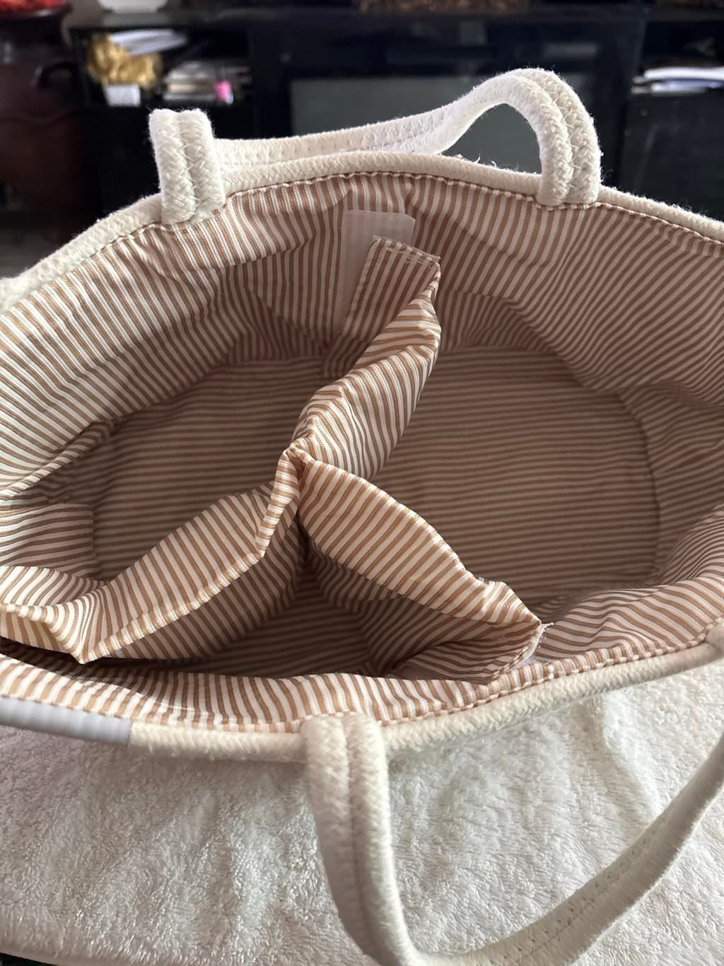 Ropesmart Cotton Rope Diaper Caddy Storage Basket Beige Brown Striped Lined 3