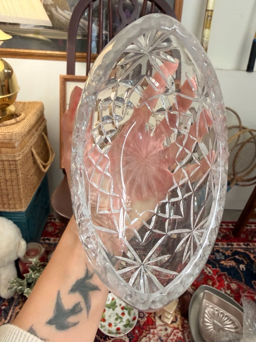 Vintage Zawiercie Genuine Hand Cut Lead Crystal Kidney Shaped Fruit Bowl Poland 3
