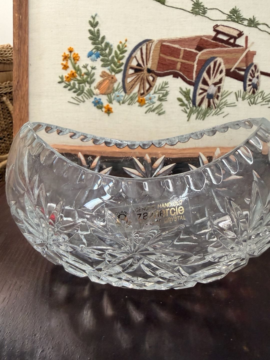 Vintage Zawiercie Genuine Hand Cut Lead Crystal Kidney Shaped Fruit Bowl Poland 10
