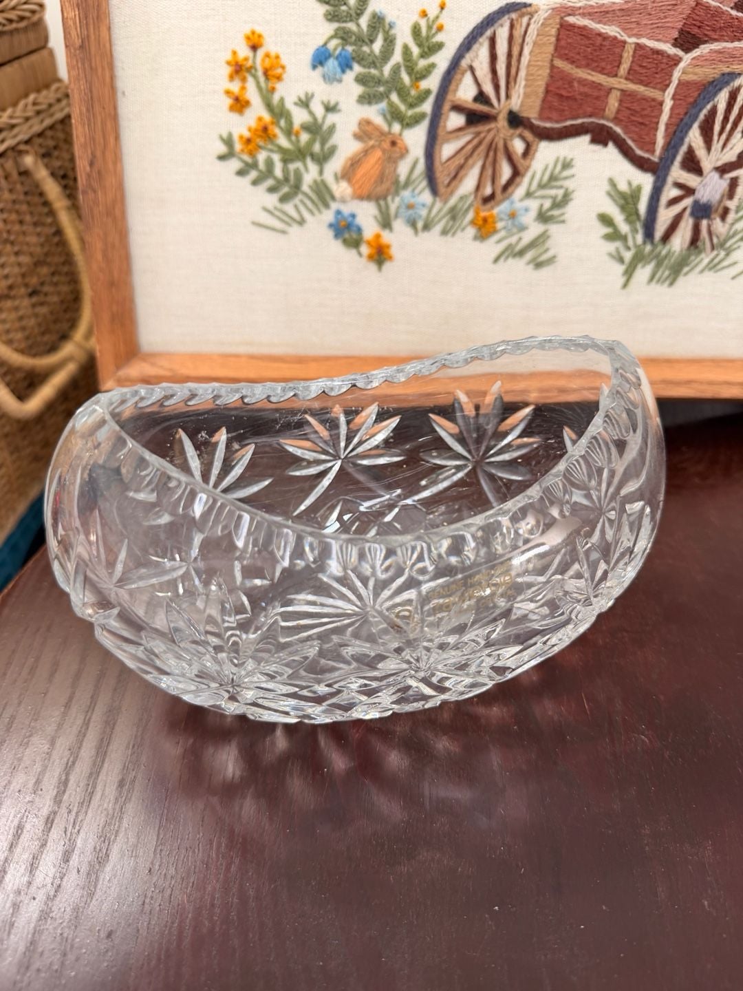 Vintage Zawiercie Genuine Hand Cut Lead Crystal Kidney Shaped Fruit Bowl Poland 2