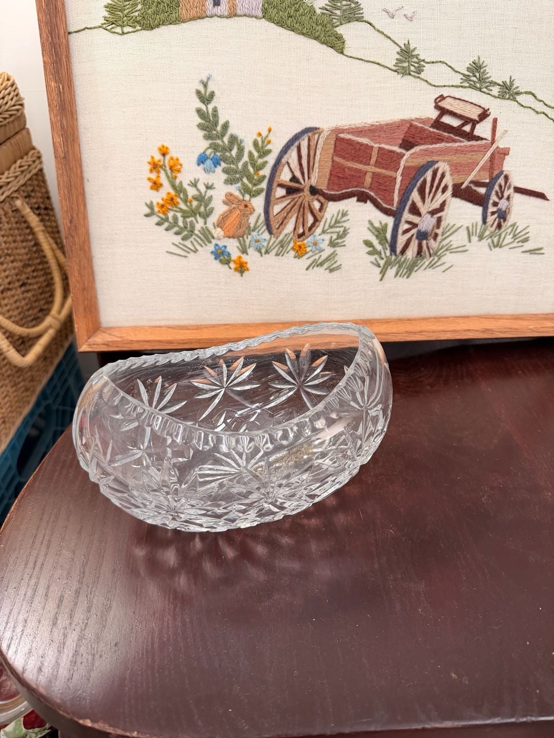 Vintage Zawiercie Genuine Hand Cut Lead Crystal Kidney Shaped Fruit Bowl Poland 12