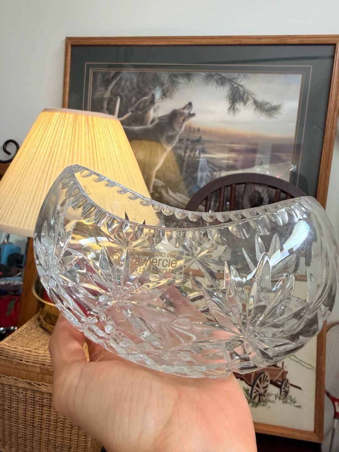Vintage Zawiercie Genuine Hand Cut Lead Crystal Kidney Shaped Fruit Bowl Poland 13