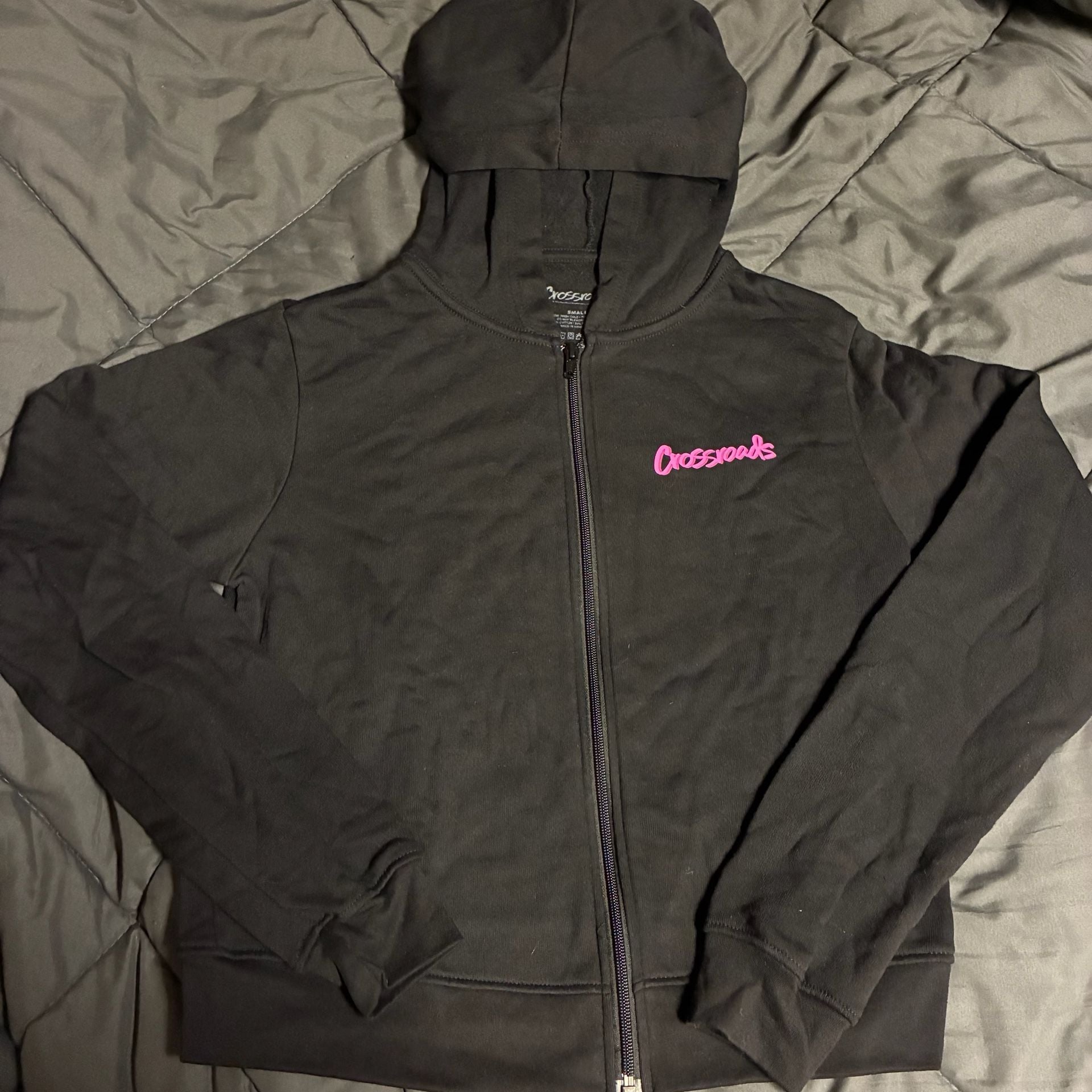 Crossroads Zip Up Hoodie Size Small Black Pink Script Logo 2
