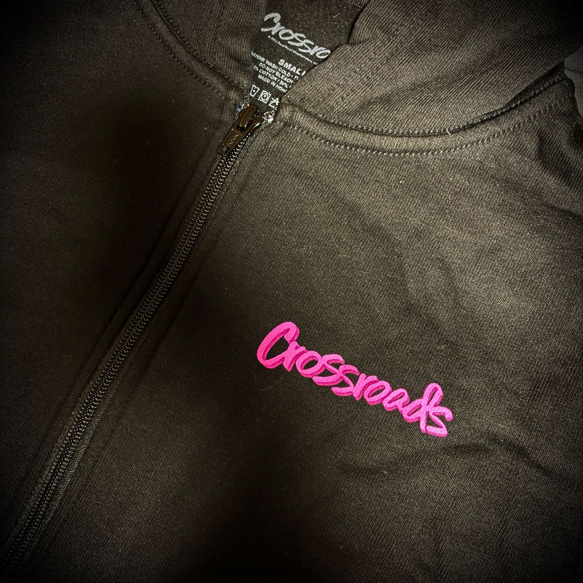 Crossroads Zip Up Hoodie Size Small Black Pink Script Logo 3